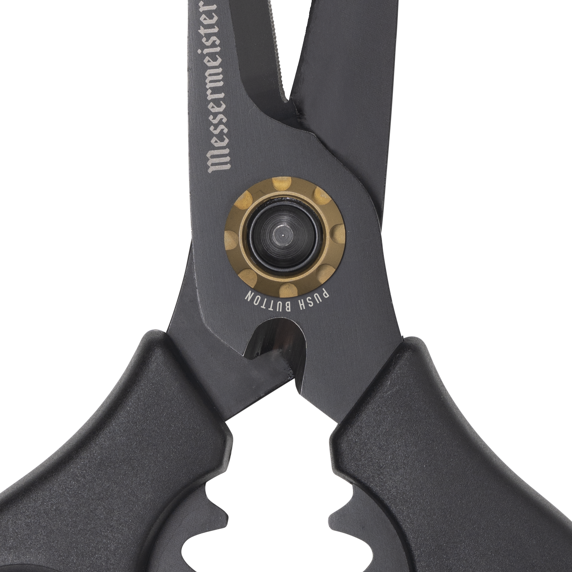 Esther Choi 7-inch push button take-apart precision shears close-up of the push button release mechanism, highlighting stainless steel construction, precision engineering, and detachable design for easy disassembly and cleaning