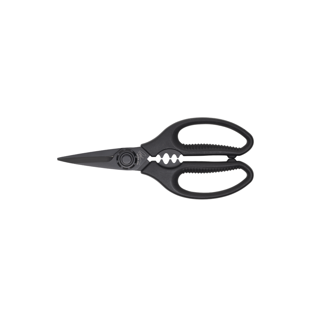 Esther Choi 7-inch push button take-apart precision shears shown in side view, featuring stainless steel precision blades, ergonomic handles, and a detachable design for detailed kitchen prep and easy cleaning