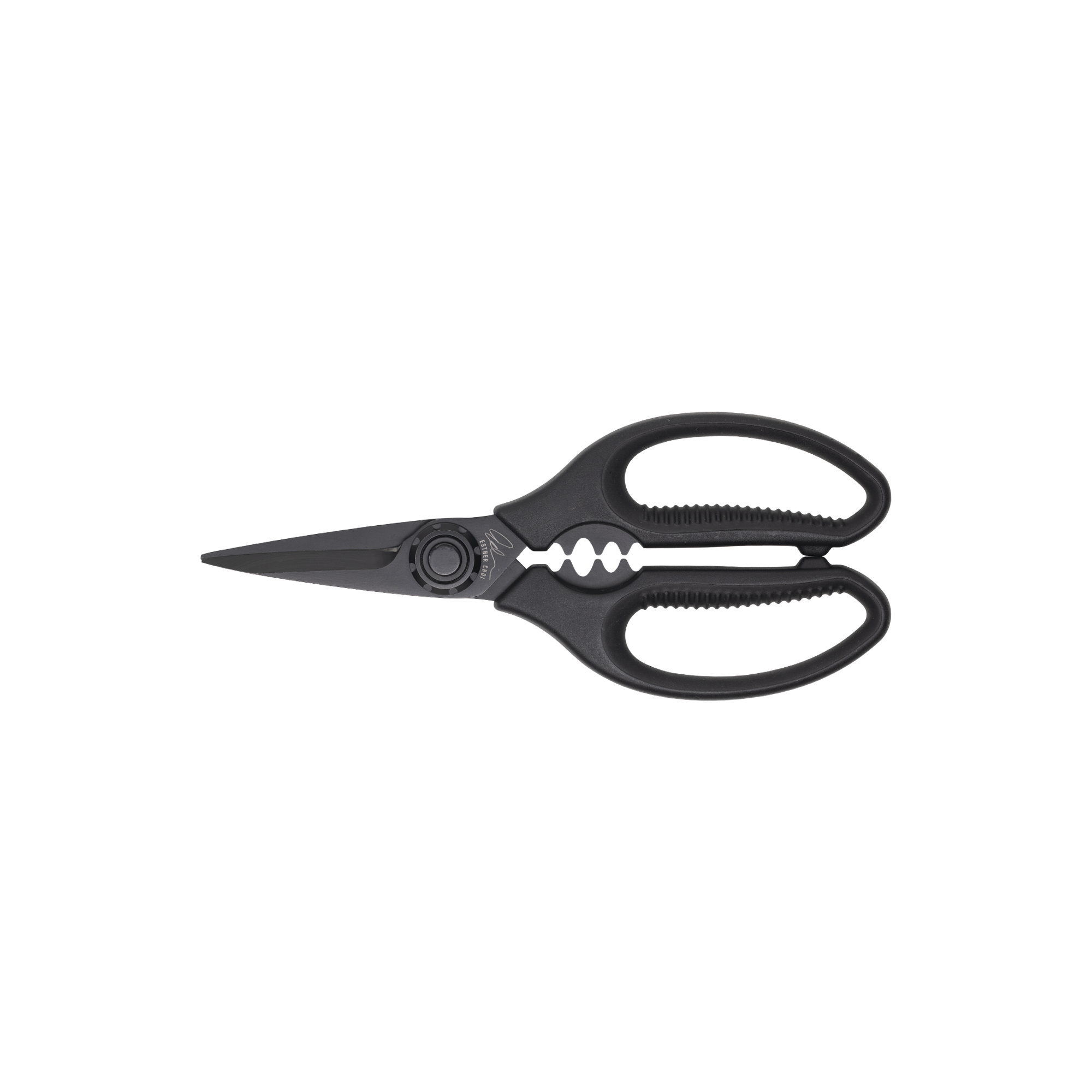 Esther Choi 7-inch push button take-apart precision shears shown in side view, featuring stainless steel precision blades, ergonomic handles, and a detachable design for detailed kitchen prep and easy cleaning