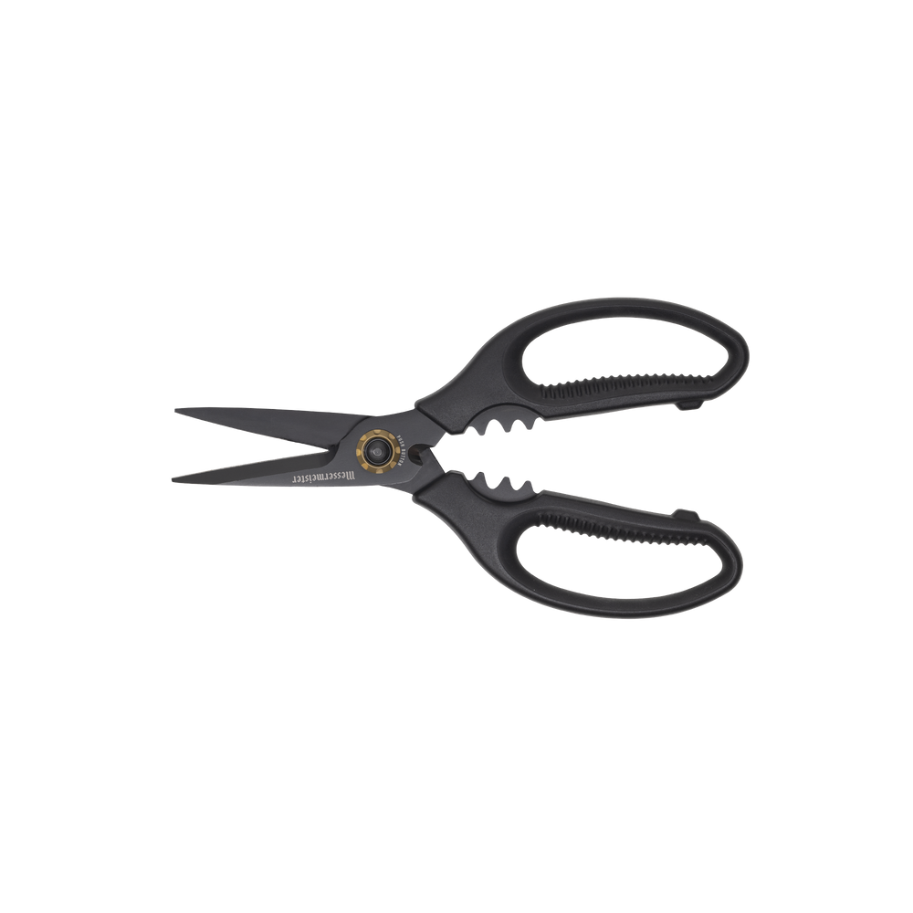 Esther Choi 7-inch push button take-apart precision shears shown in side view with blades open, featuring stainless steel precision blades, ergonomic handles, and a detachable design for precise cutting and easy cleaning in kitchen prep