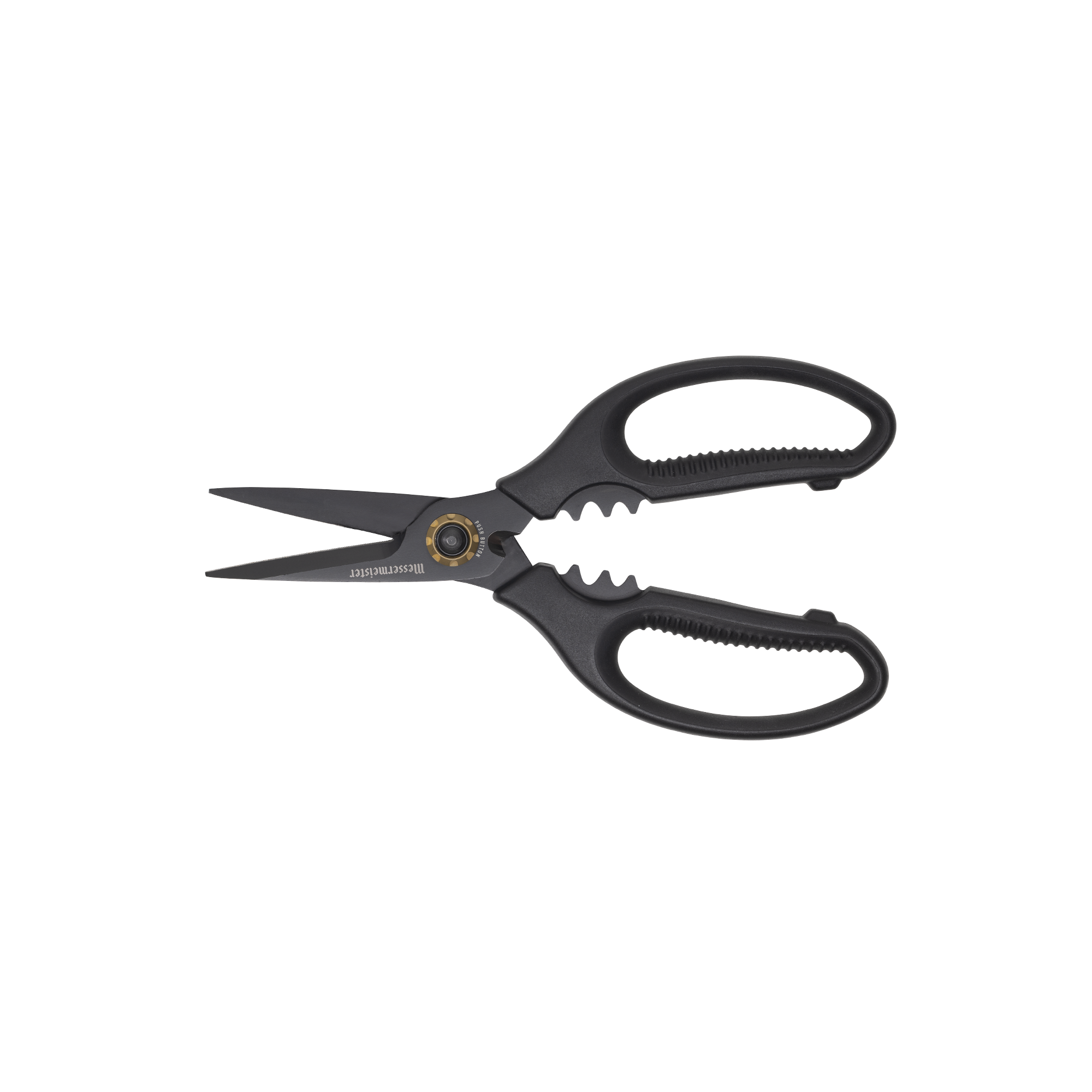 Esther Choi 7-inch push button take-apart precision shears shown in side view with blades open, featuring stainless steel precision blades, ergonomic handles, and a detachable design for precise cutting and easy cleaning in kitchen prep