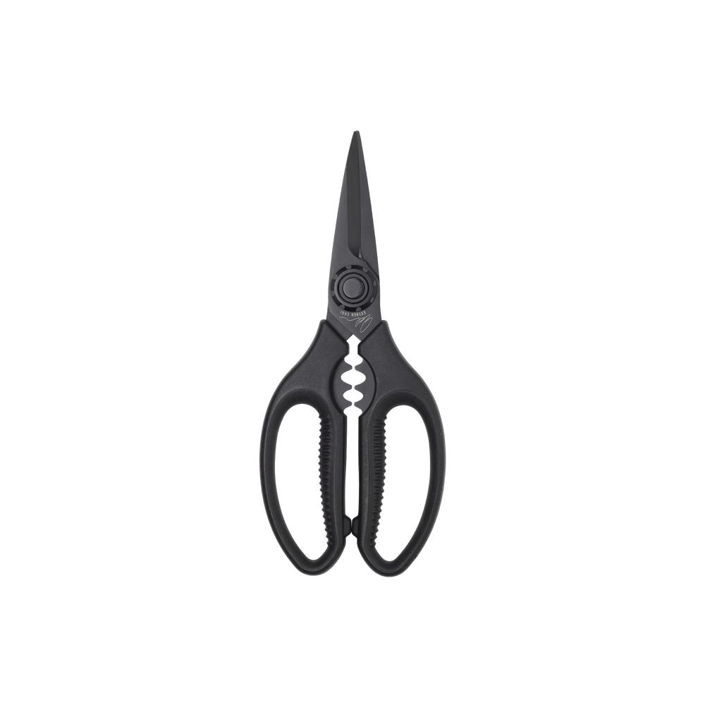 Esther Choi 7-inch push button take-apart precision shears standing upright, featuring stainless steel precision blades, ergonomic handles, and a detachable design for detailed kitchen prep and easy cleaning