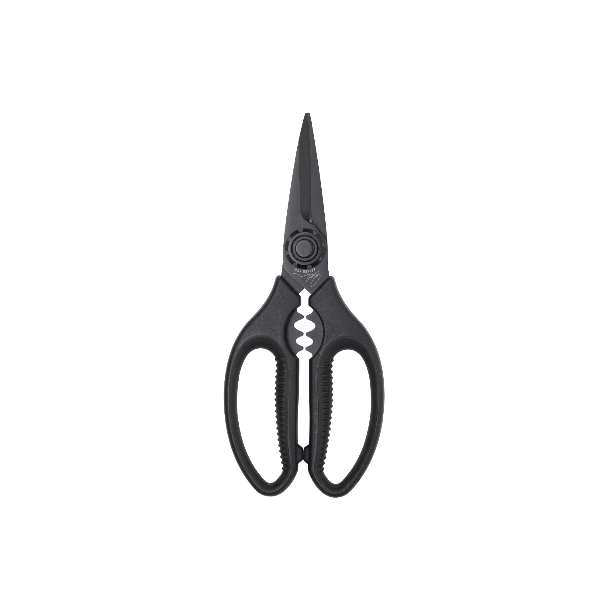 Esther Choi 7-inch push button take-apart precision shears standing upright, featuring stainless steel precision blades, ergonomic handles, and a detachable design for detailed kitchen prep and easy cleaning