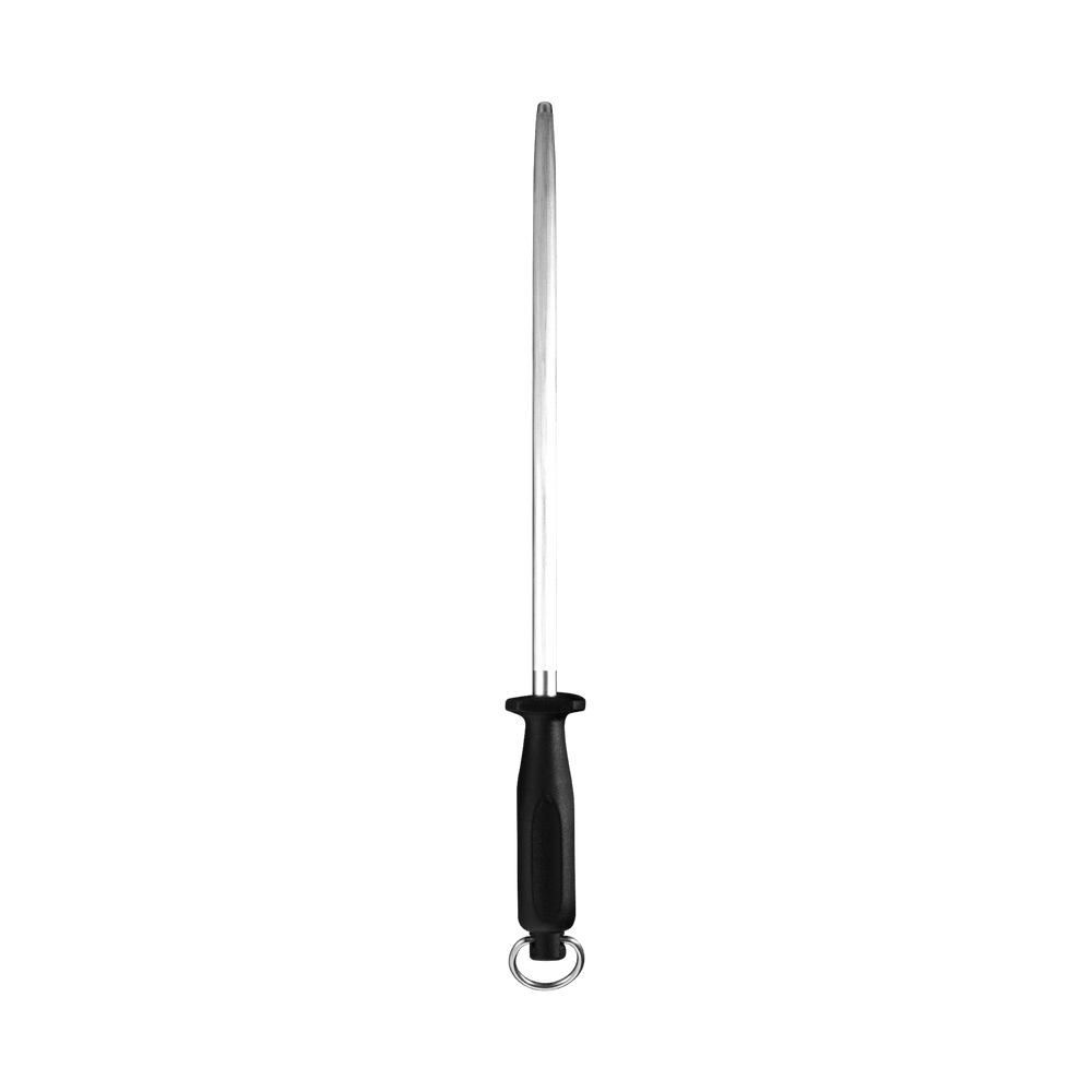 Messermeister 12 inch Fine Grit Honing Steel. With black handle and silver D ring. Honing rod is point up.