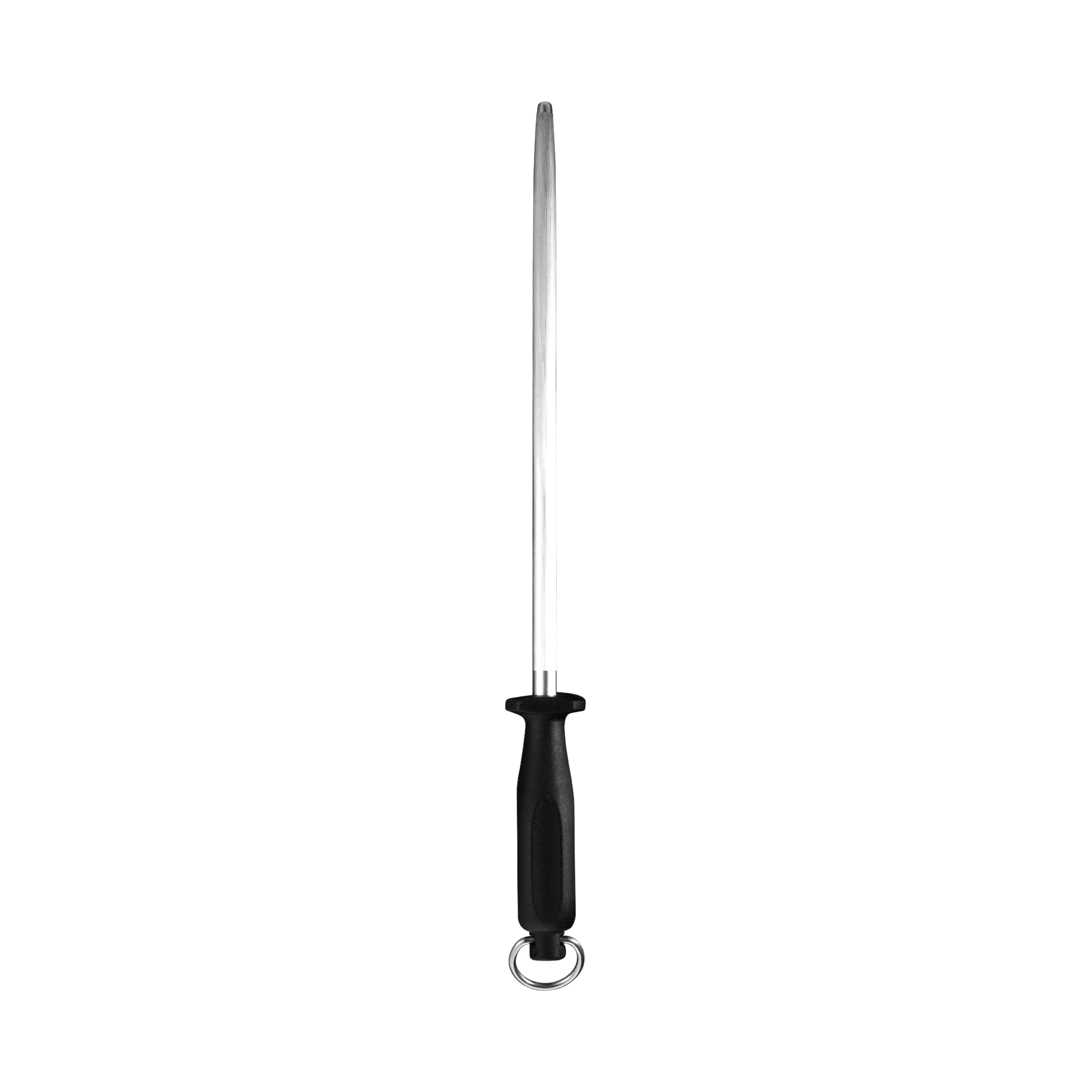 Messermeister 12 inch Fine Grit Honing Steel. With black handle and silver D ring. Honing rod is point up.