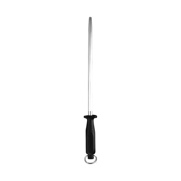 Messermeister 12 inch Fine Grit Honing Steel. With black handle and silver D ring. Honing rod is point up.
