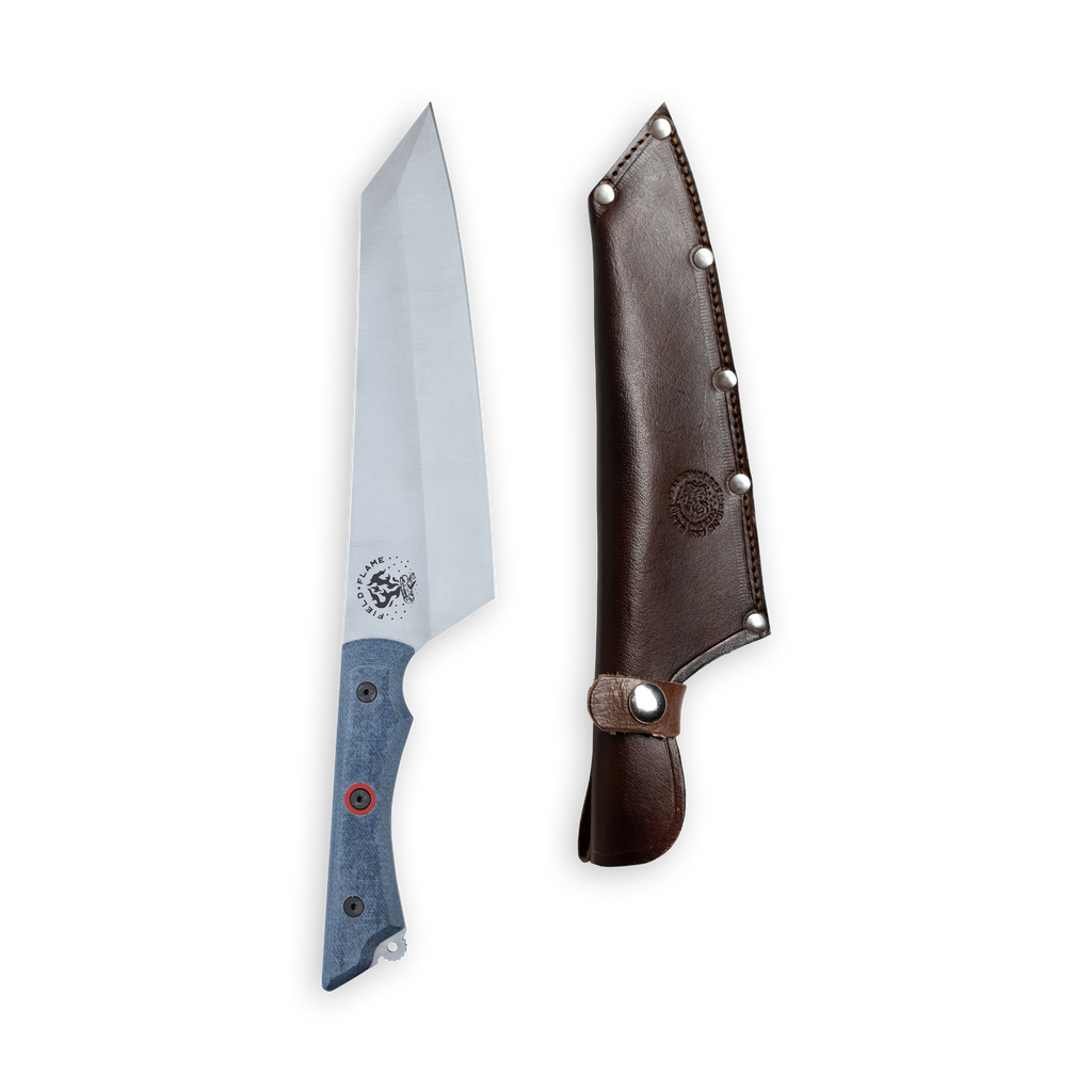 Messermeister INR x Messermeister Camp Knife 8 inch chefs knife with stainless steel blade, blue handle, and red center rivet, next to a leather sheath on a plain background