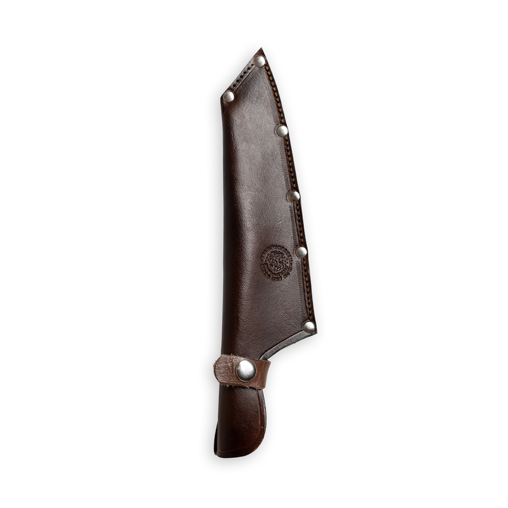 Messermeister INR x Messermeister Camp Knife leather sheath on a plain background
