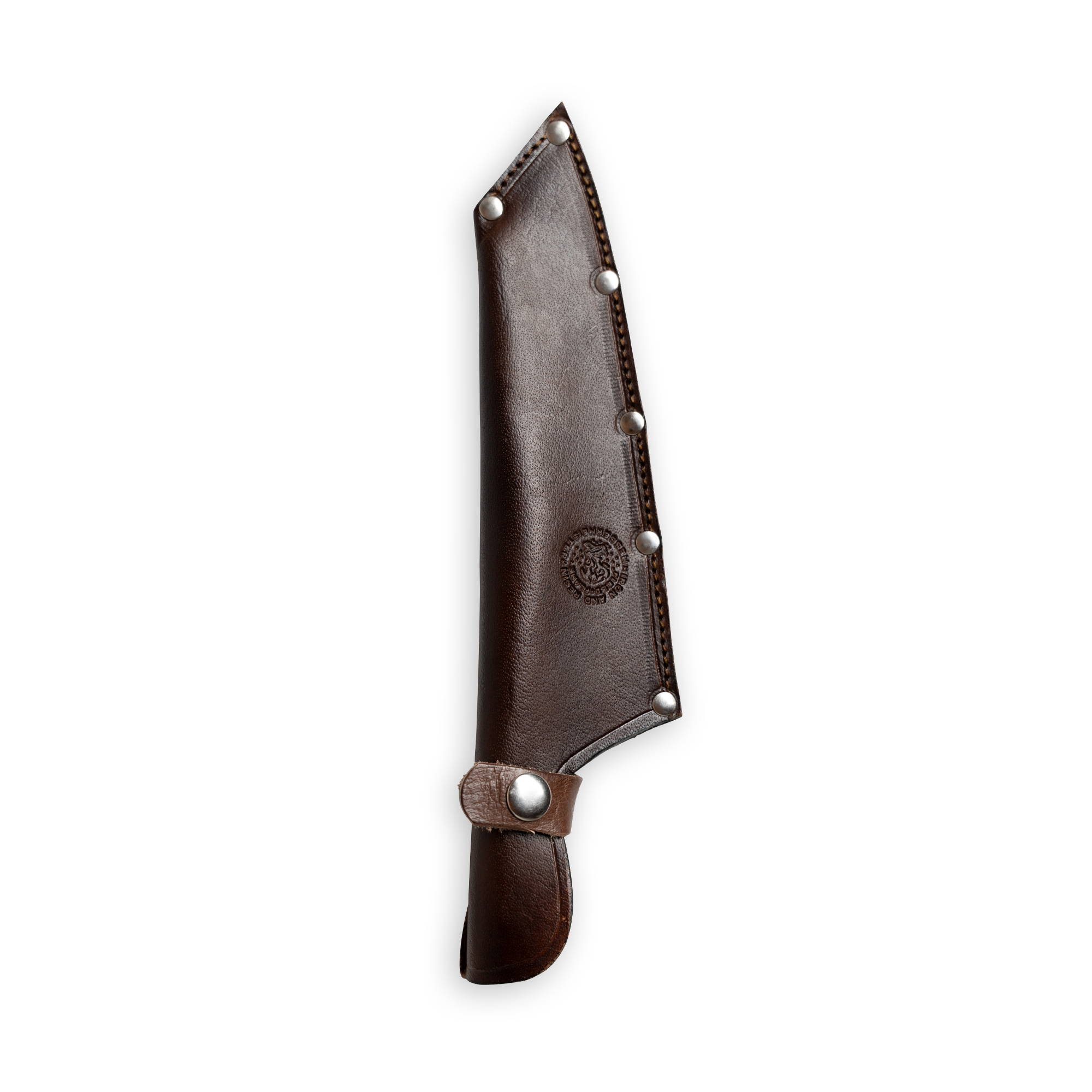 Messermeister INR x Messermeister Camp Knife leather sheath on a plain background