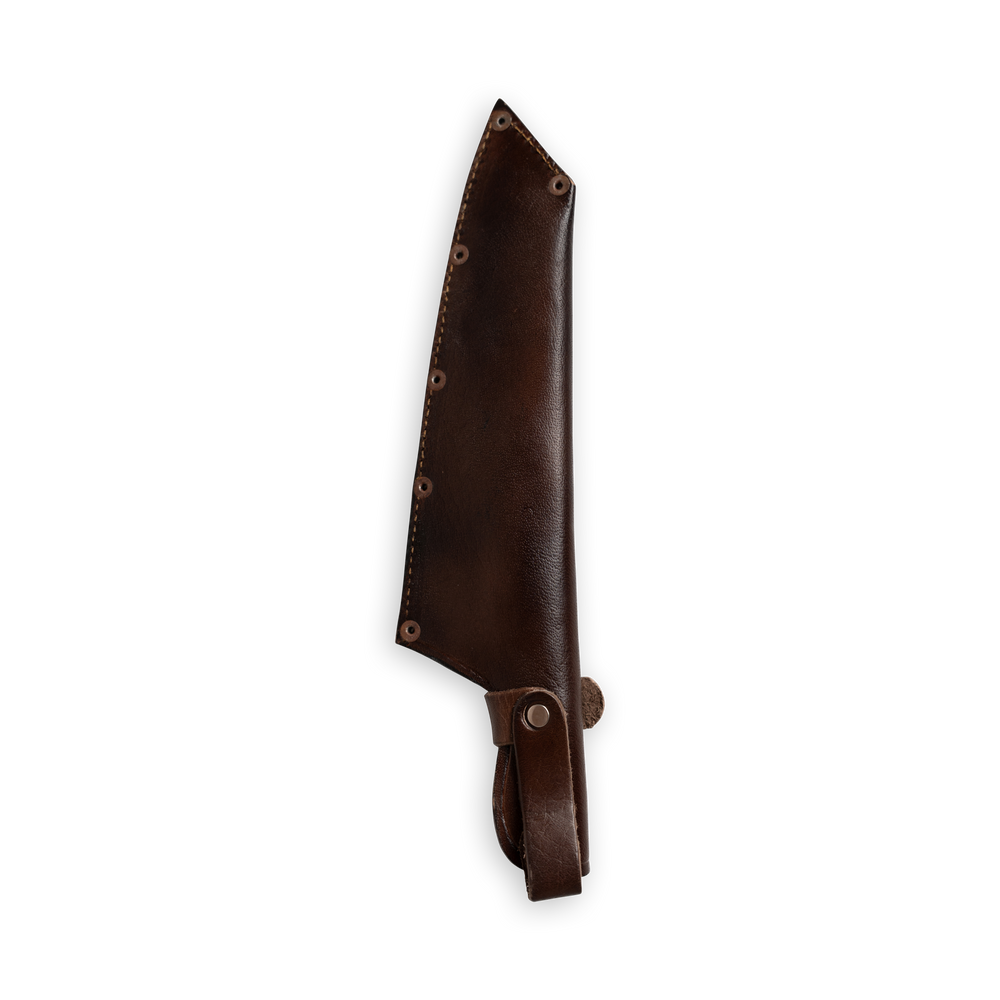 Messermeister INR x Messermeister Camp Knife leather sheath on a plain background