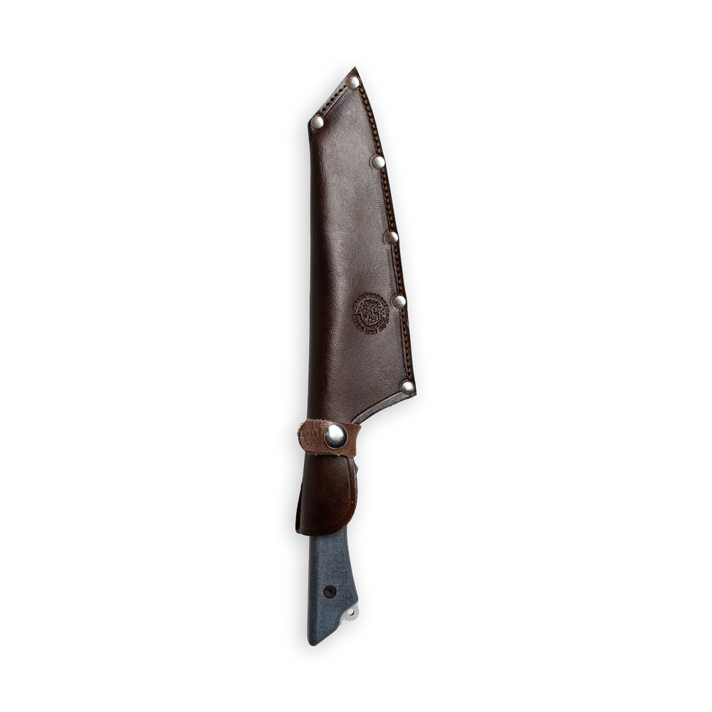 Messermeister INR x Messermeister Camp Knife inside the leather sheath on a plain background