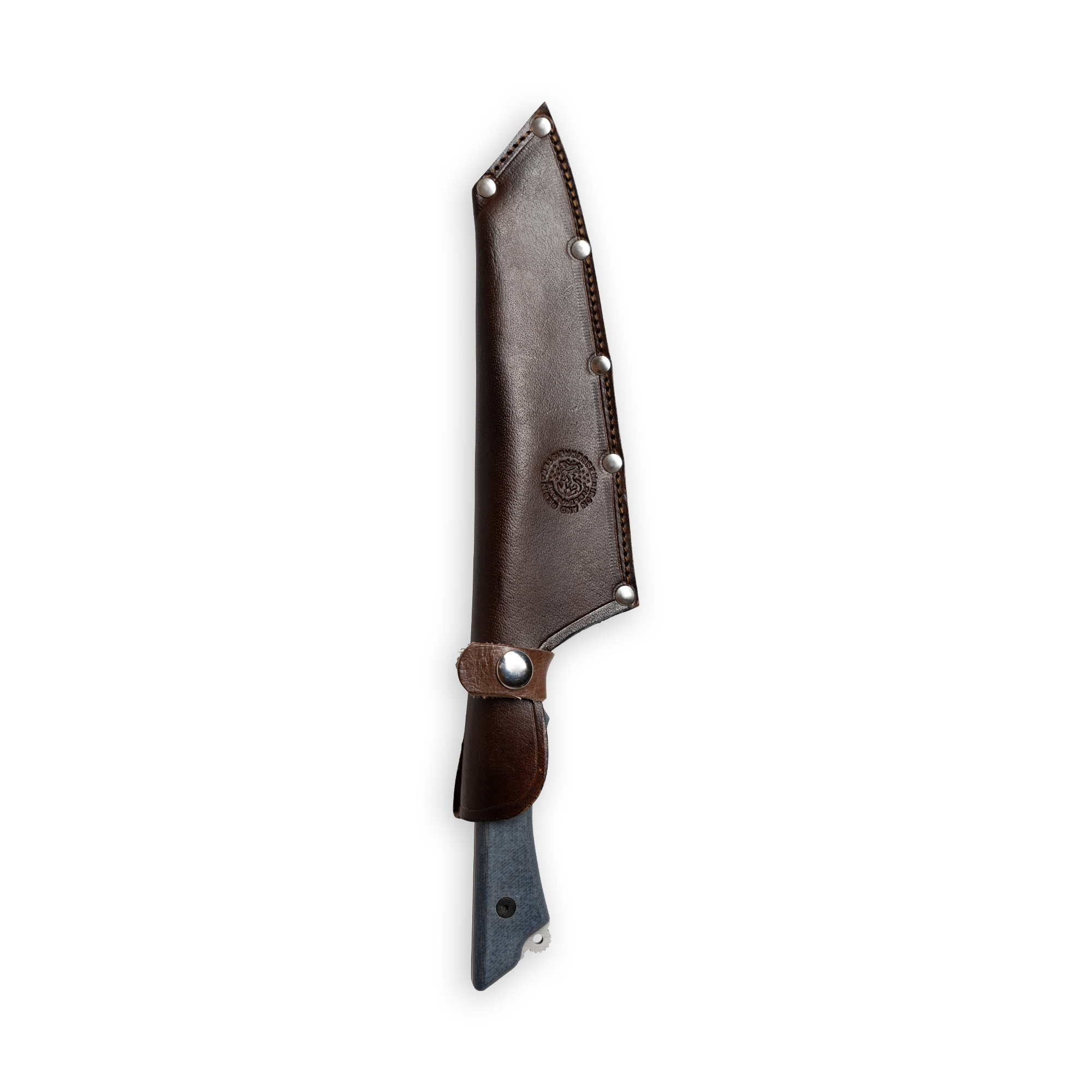 Messermeister INR x Messermeister Camp Knife inside the leather sheath on a plain background