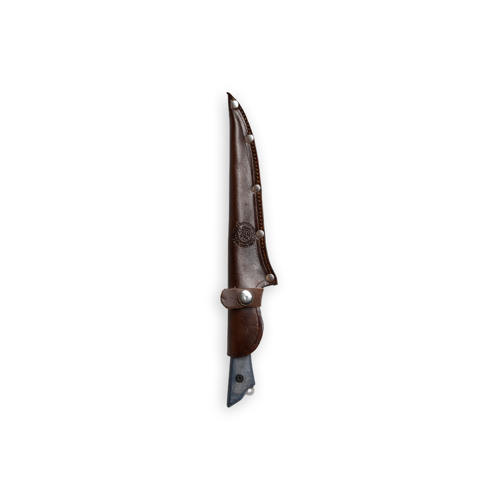INR x Messermeister 7 inch Mid Flex Fillet Knife with Denim Micarta handle with Red G10 Liner inside leather sheath