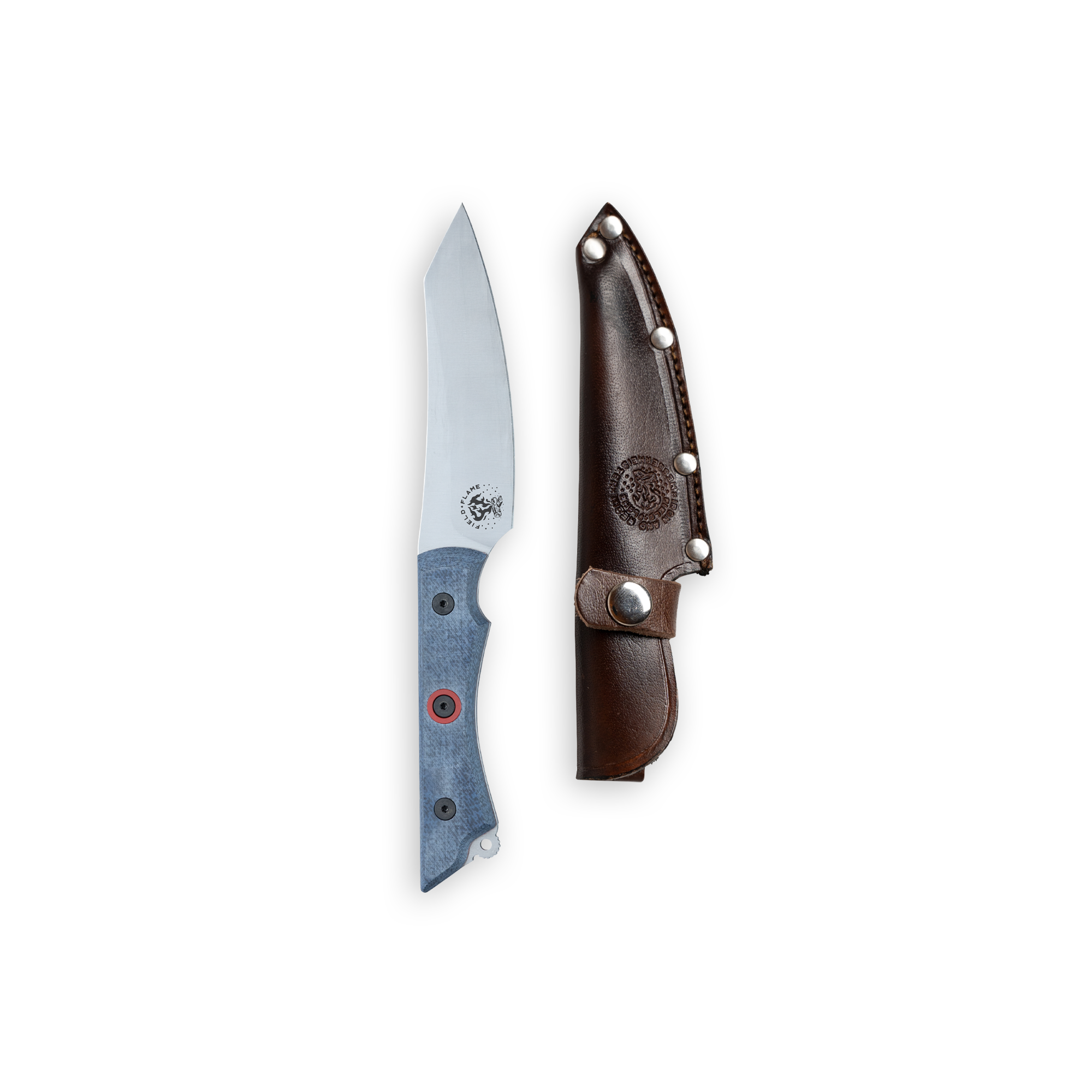 INR x Messermeister Overland Utility Knife with denim micarta handle sitting alongside a leather sheath that fits the blade