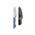 INR x Messermeister Overland Utility Knife with denim micarta handle sitting alongside a leather sheath that fits the blade
