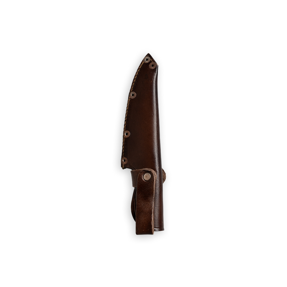 INR x Messermeister Utility 4.5 inch leather sheath on a plain background