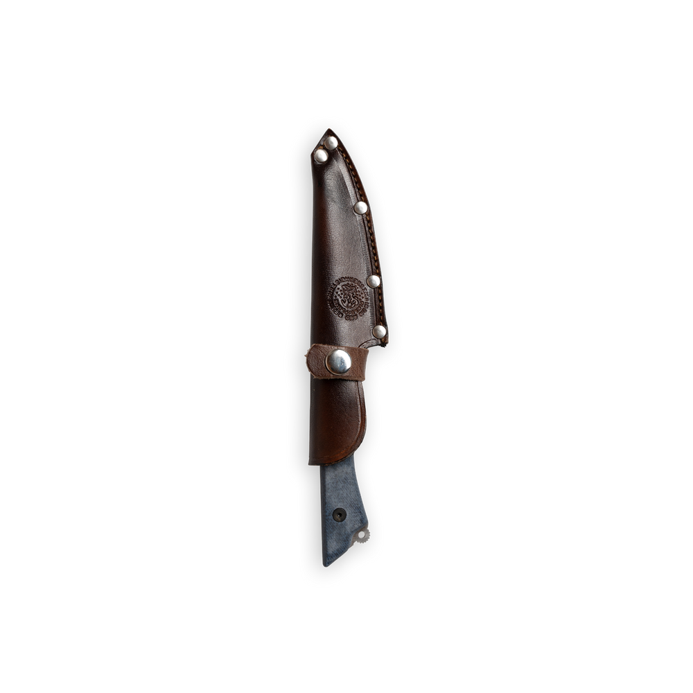 Leather sheath on an INR x Messermeister Utility Knife with Denim Micarta Handle