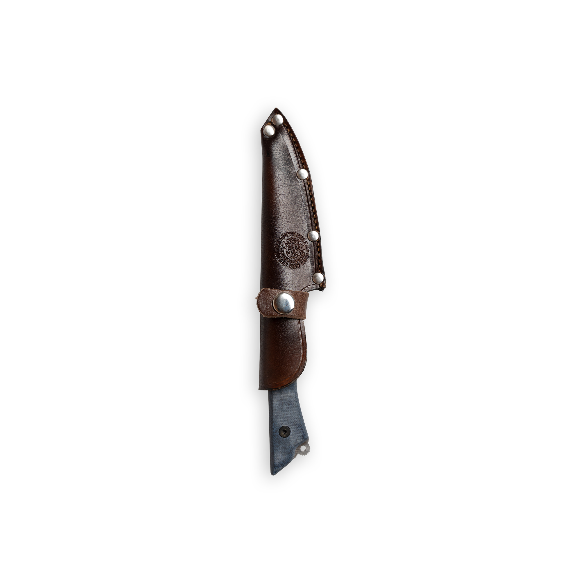 Leather sheath on an INR x Messermeister Utility Knife with Denim Micarta Handle