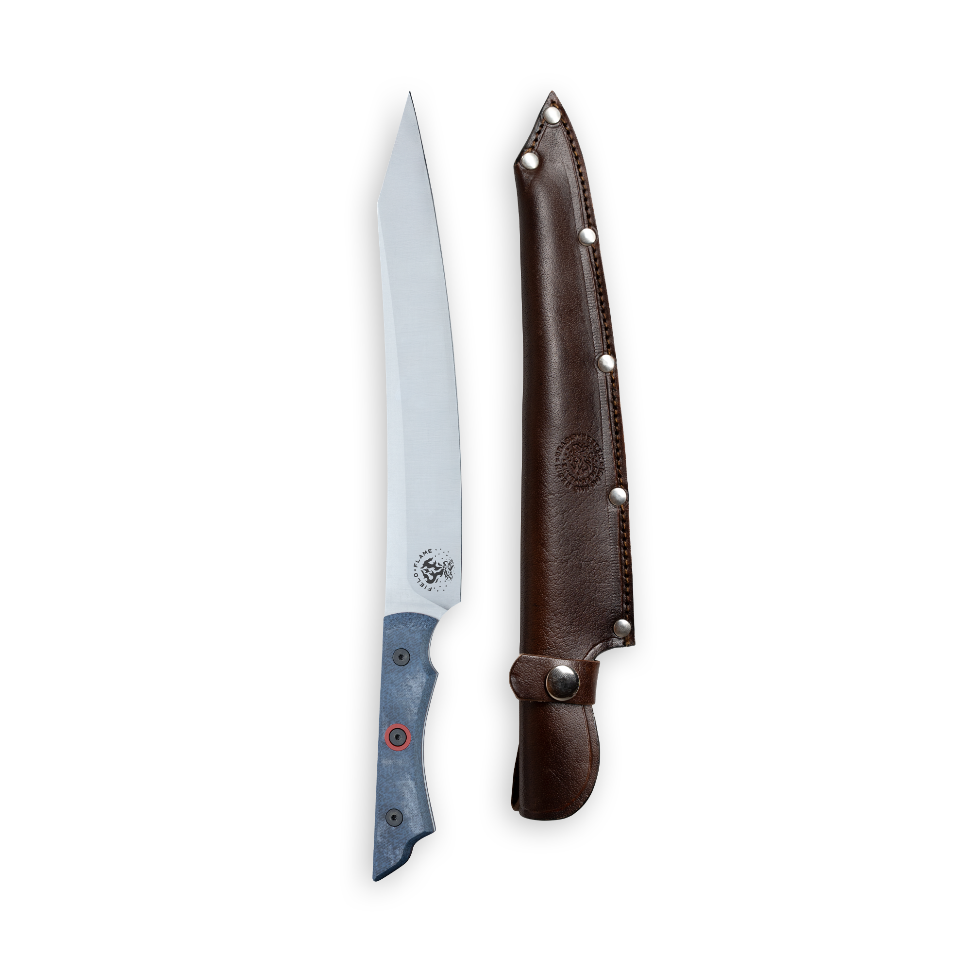 INR x Messermeister Slicer 9 inch Denim Micarta with Red G10 Liner Handle and red center rivet next to leather sheath on a plain background