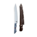 INR x Messermeister Slicer 9 inch Denim Micarta with Red G10 Liner Handle and red center rivet next to leather sheath on a plain background