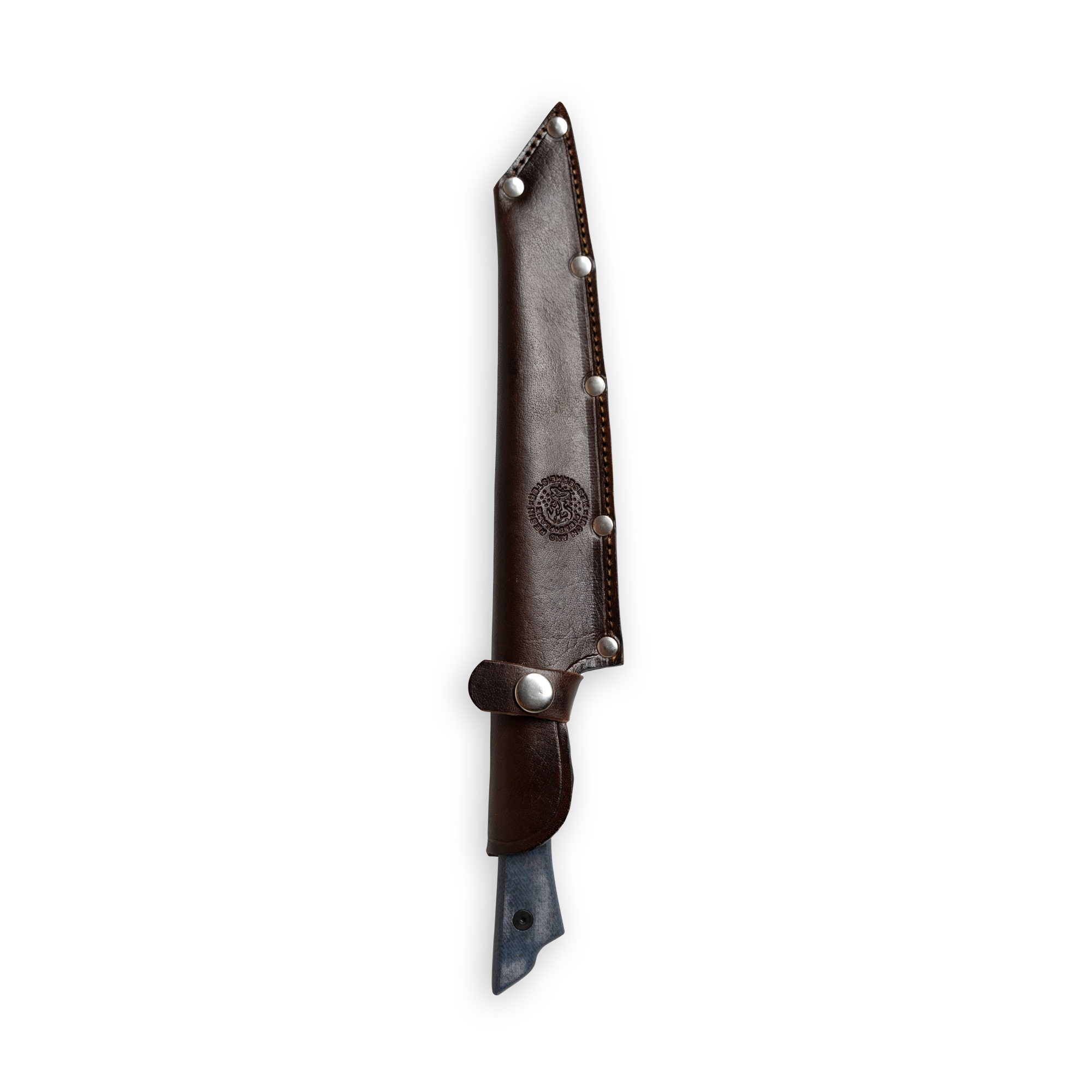 INR x Messermeister Slicer 9 inch inside leather sheath on a plain background