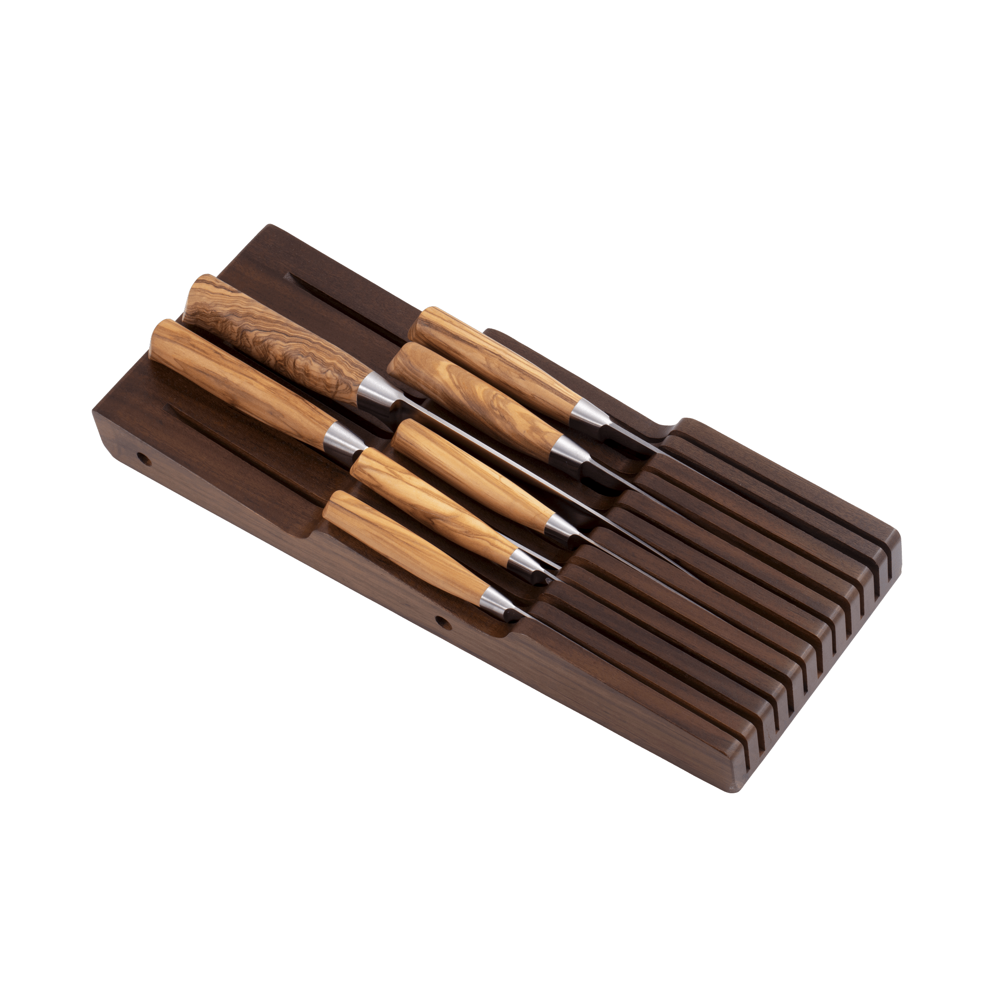 Messermeister 11 Slot Contemporary Acacia In-Drawer Knife Holder shows 7 Olive Wood knives stored within the slots.