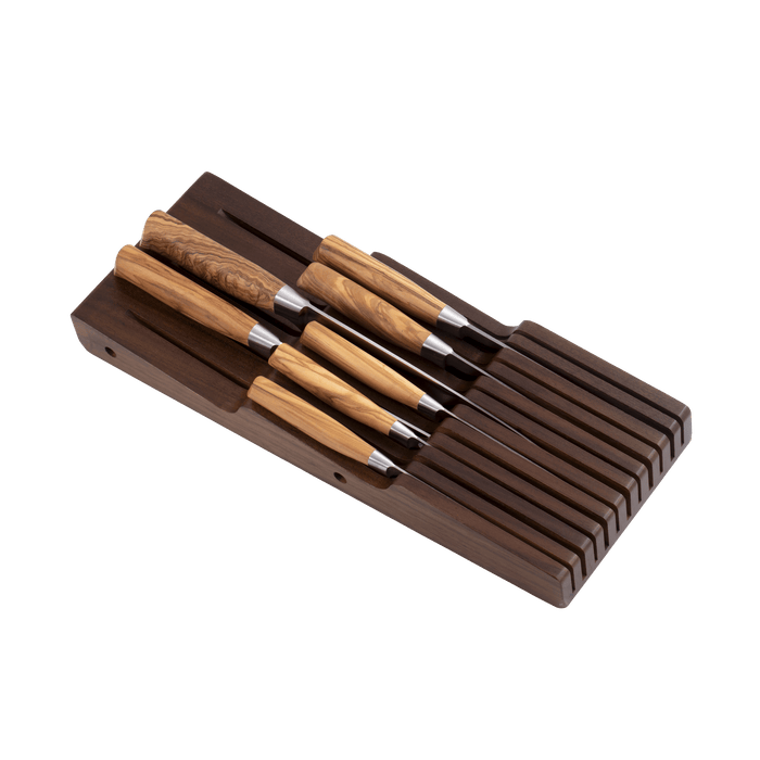 Messermeister 11-slot contemporary in-drawer knife holder made from durable acacia wood, designed to safely organize and store up to 11 kitchen knives inside a drawer while protecting blades and saving countertop space