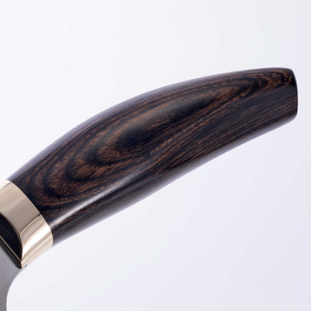 Messermeister Kawashima Nakiri Knife 6.5 inch close up on walnut pakkawood handle