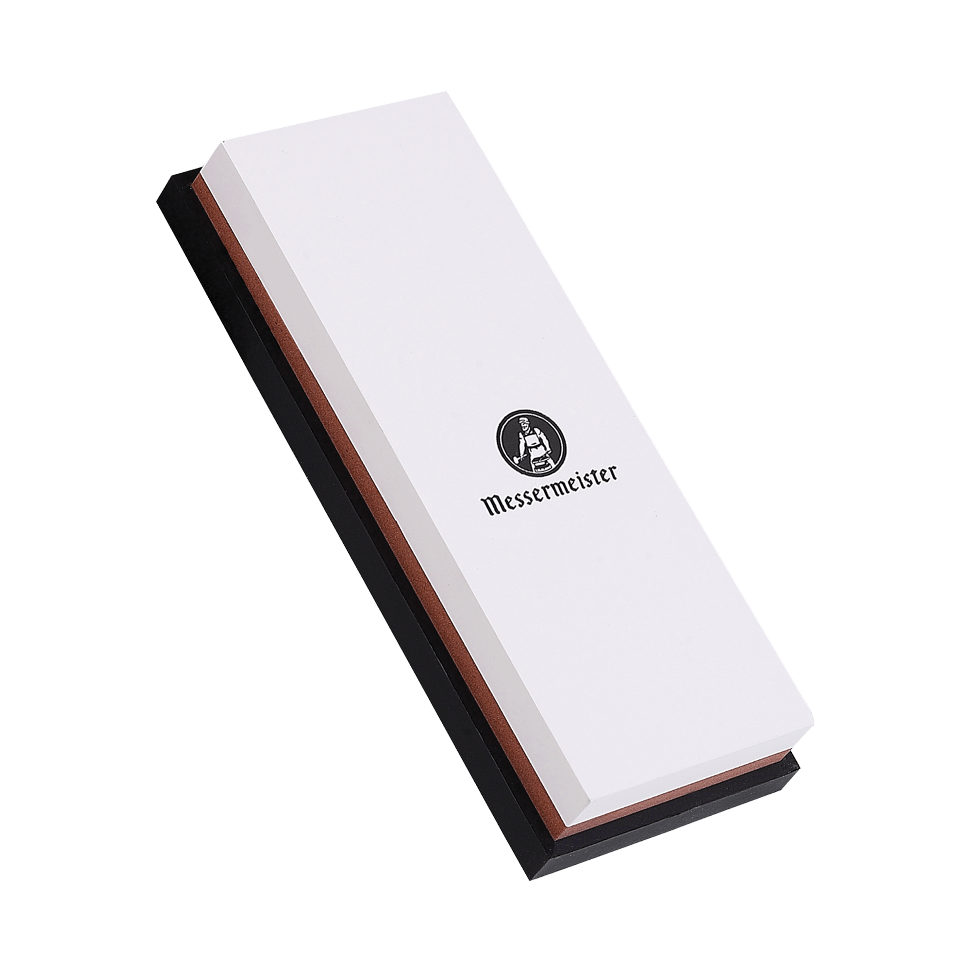 Messermeister 1000 & 3000 Grit Maintenance Stone is a dual sided rectangle 8 inch x 3inch x 1inch. The top layer is white with black "Messermeister" logo.  Bottom layer is reddish. The item sits in a rectangular black silicone base. Image tilted up and to the left.