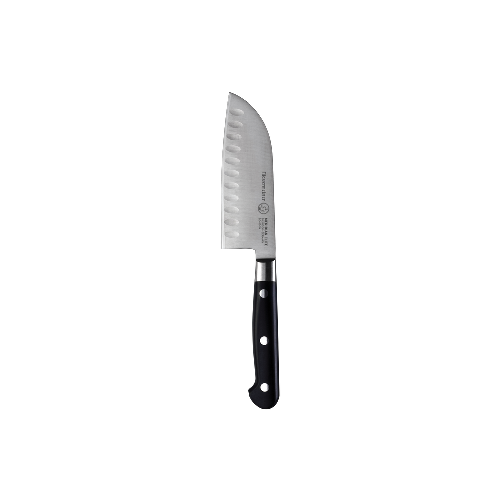 Messermeister Meridian 5 Inch Santoku Knife with triple rivet black handle