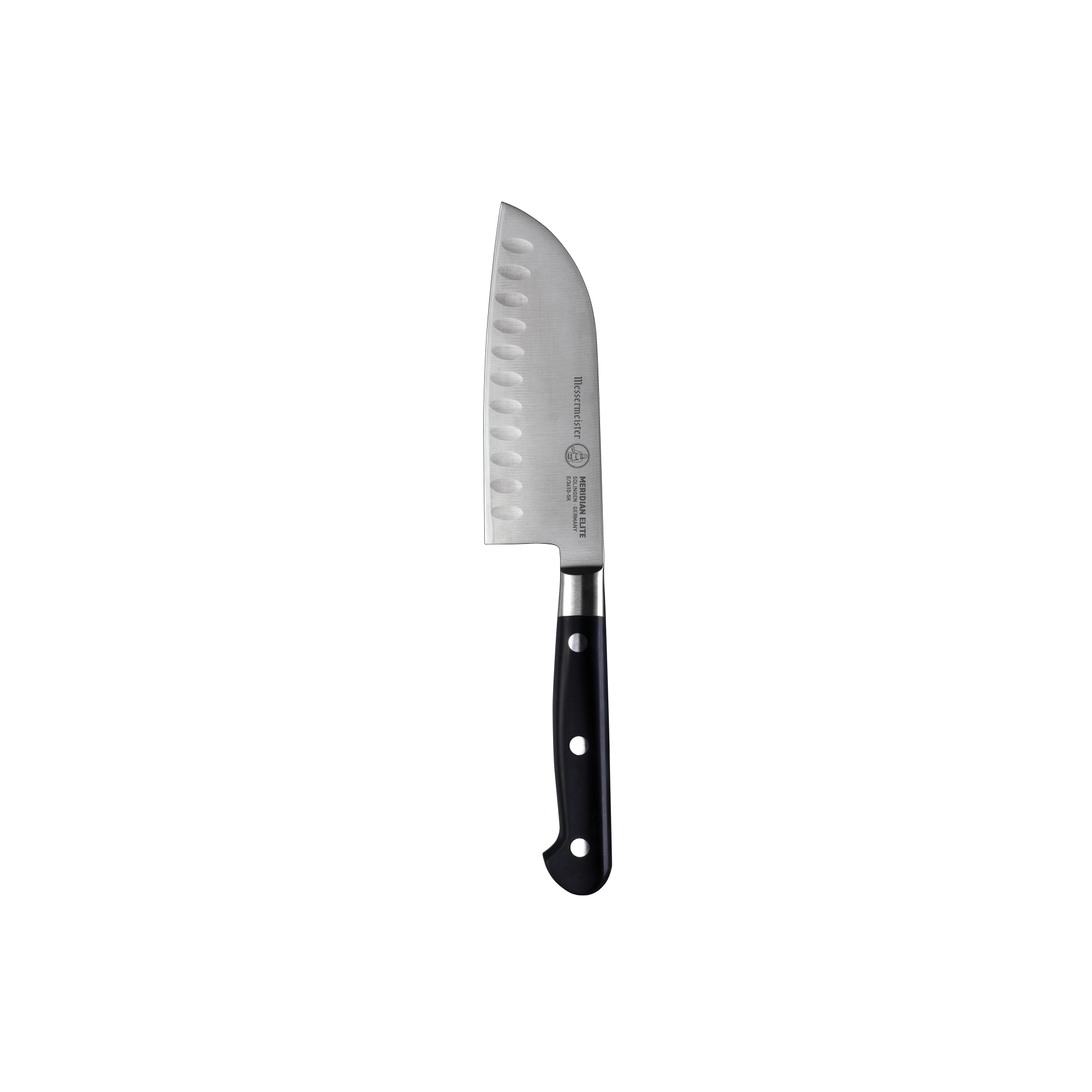Messermeister Meridian 5 Inch Santoku Knife with triple rivet black handle