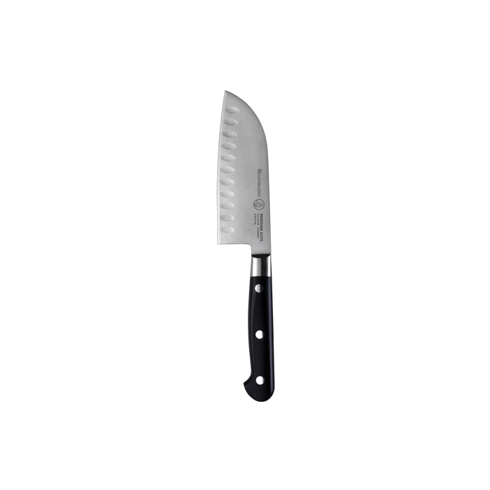 Messermeister Meridian 5 Inch Santoku Knife with triple rivet black handle