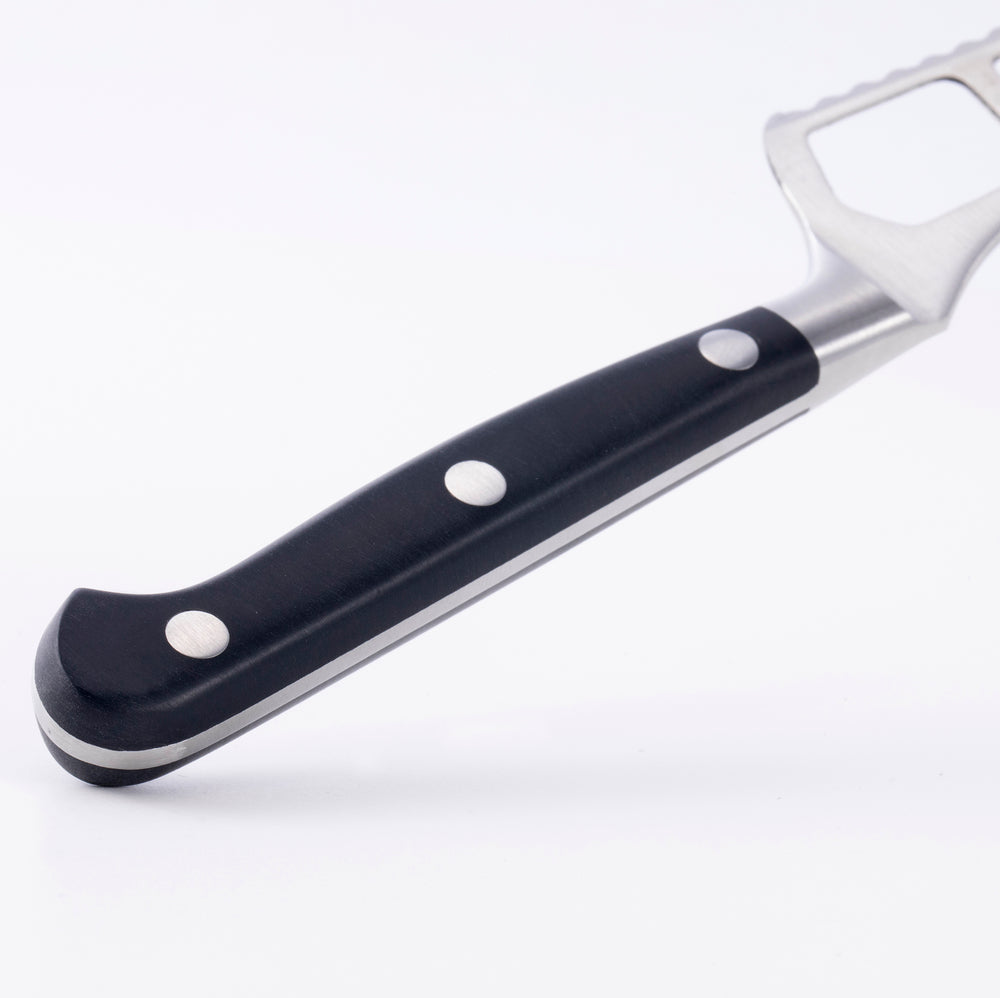 Messermeister Meridian Elite Cheese and Tomato Knife with up close shot of black handle