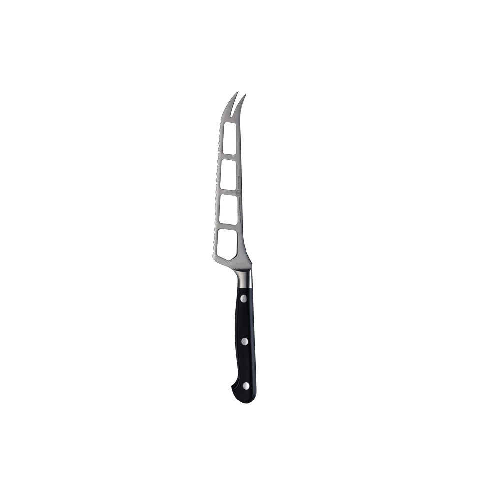 The Meridian Elite Cheese and Tomato Knife with a stainless steel blade with holes and two prongs at the tip with triple rivet black handle