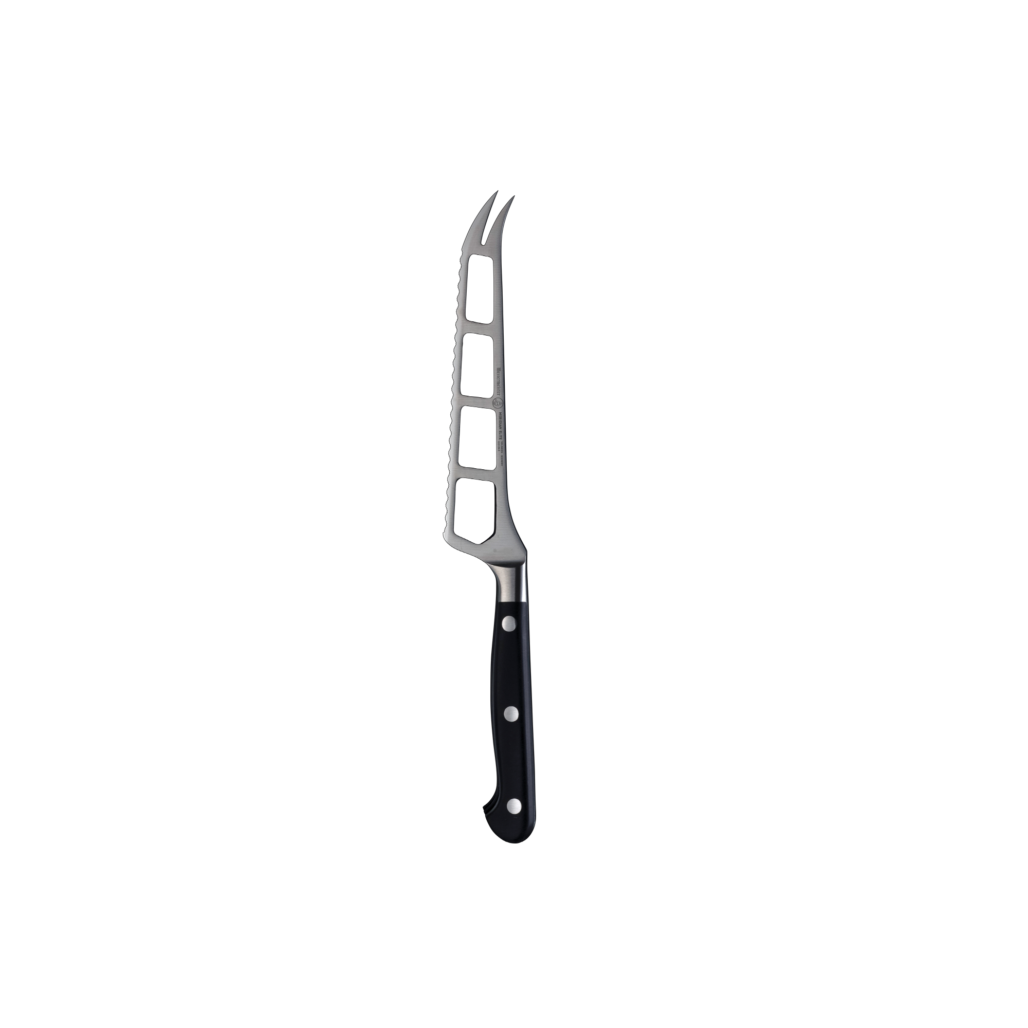 The Meridian Elite Cheese and Tomato Knife with a stainless steel blade with holes and two prongs at the tip with triple rivet black handle