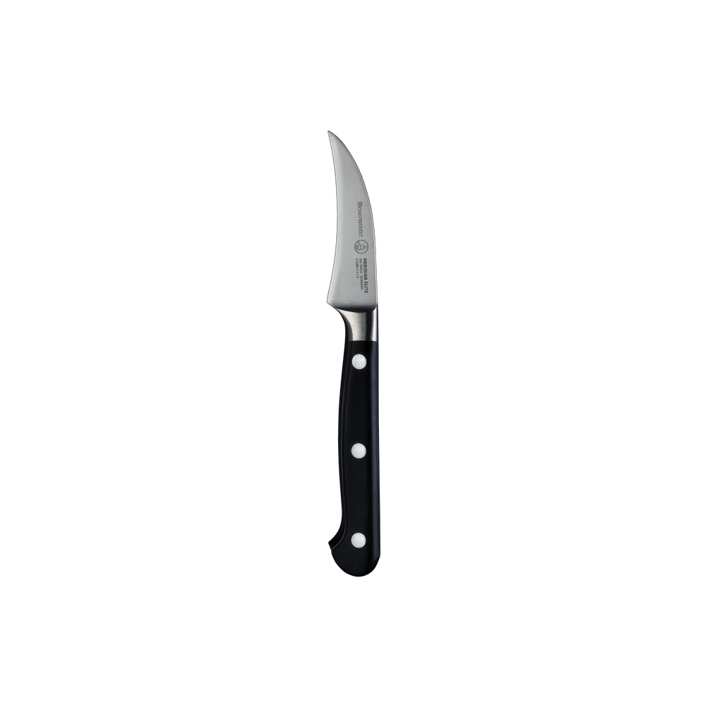 Meridian Elite Bird's Beak Garnishing Knife with a curved stainless steel blade and triple rivet black handle