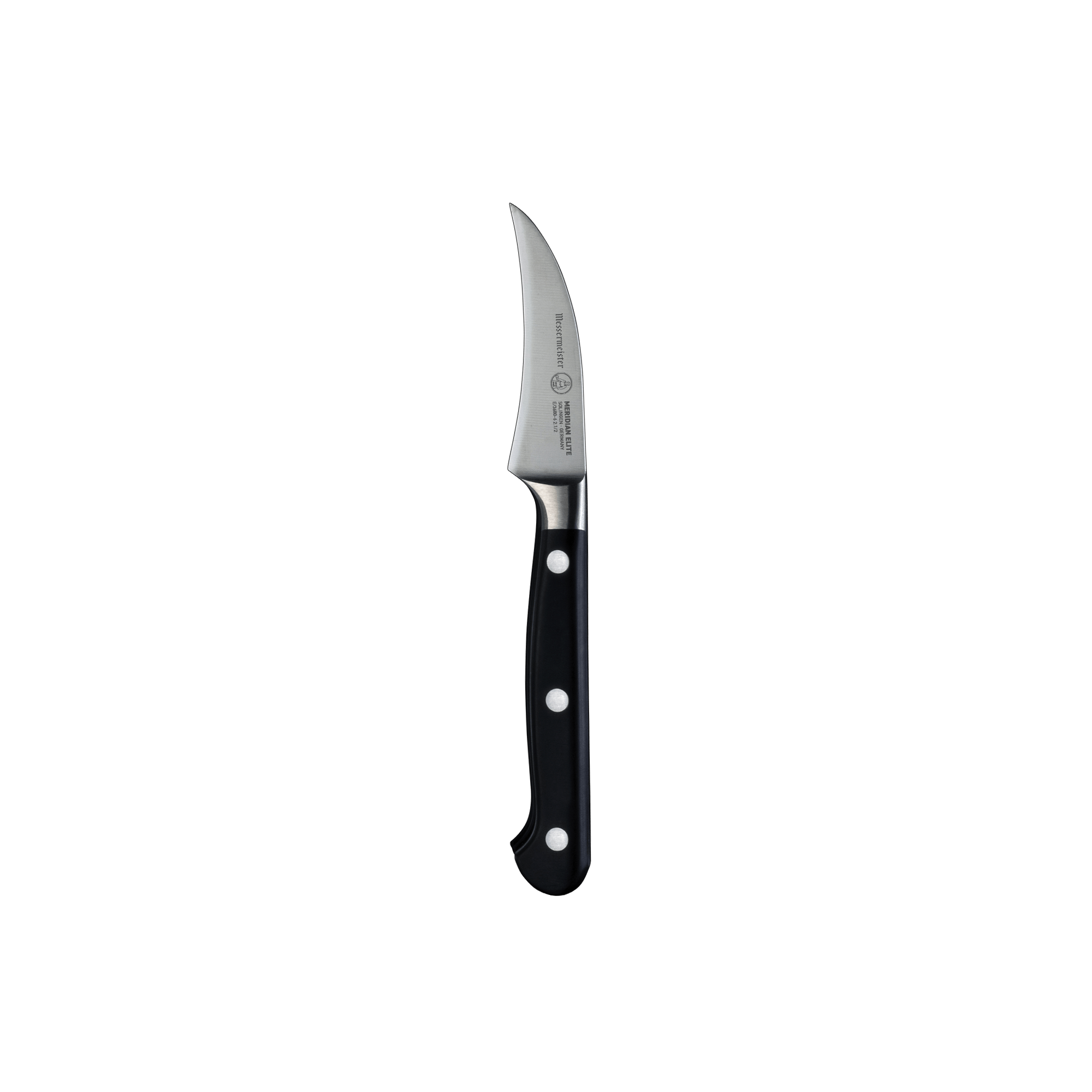 Meridian Elite Bird's Beak Garnishing Knife with a curved stainless steel blade and triple rivet black handle