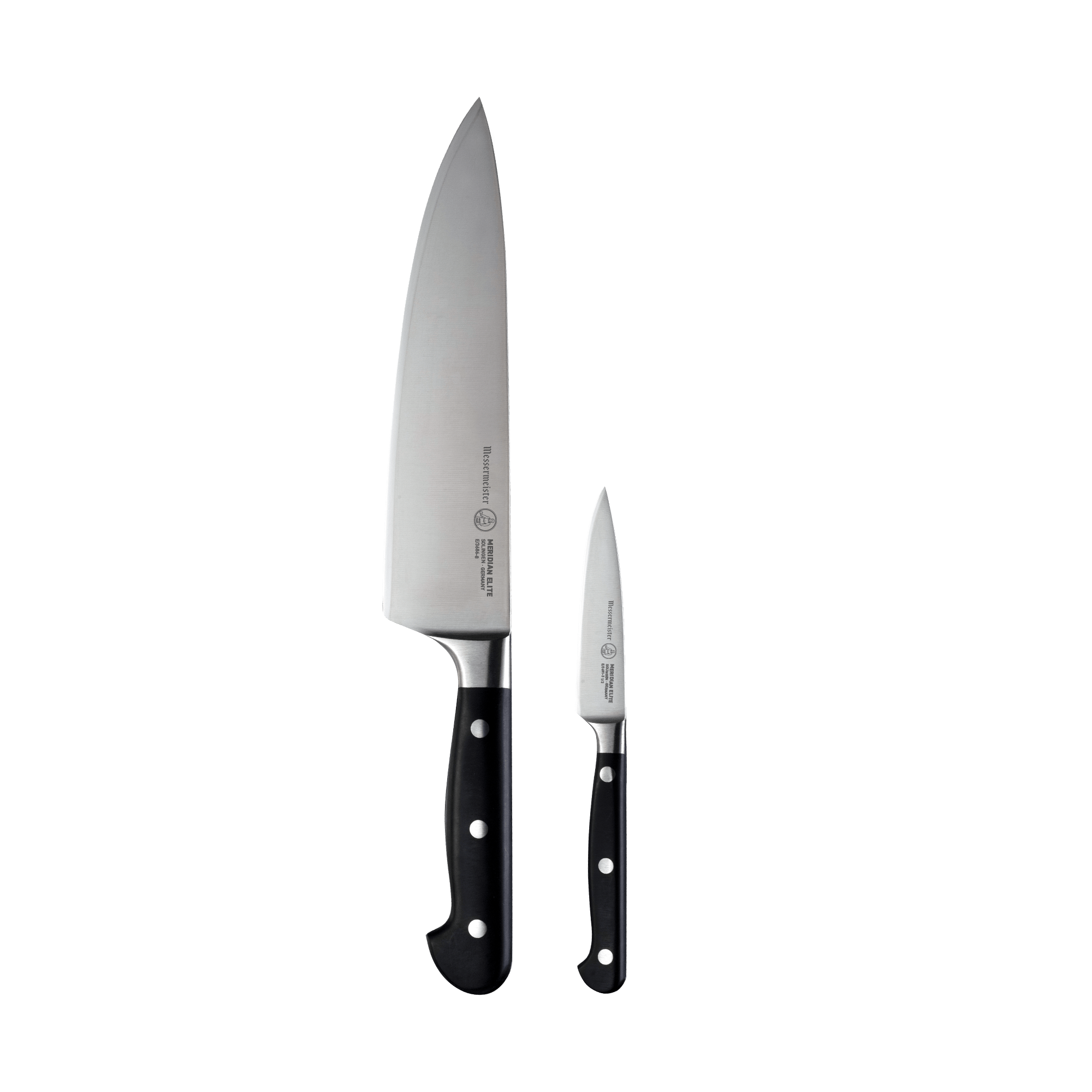 Messermeister Meridian Elite 2 Piece Chef and Parer Set - 8 inch Chef's Knife and 3.5 inch Paring Knife shown side by side both with triple rivet black handles 