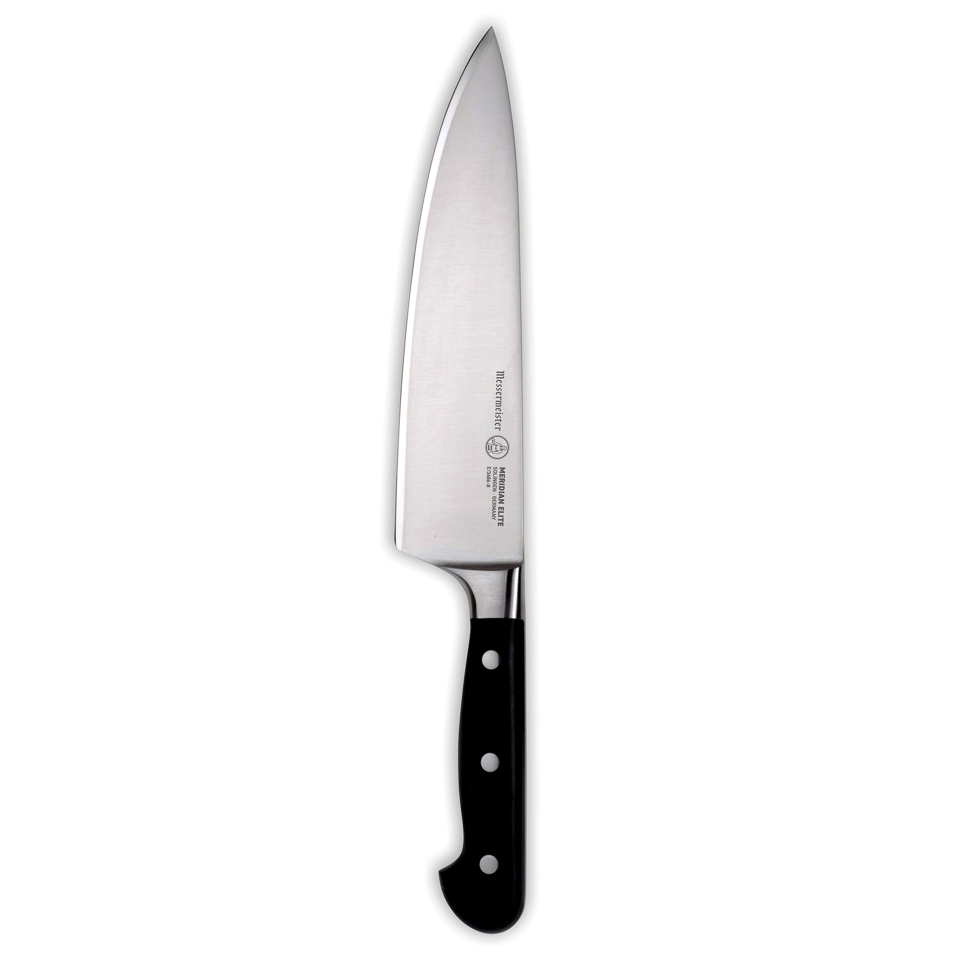 The Meridian Elite 10 inch Chef's Knife   with a triple rivet black handle and silver stainless steel blade full knife photo pointing up