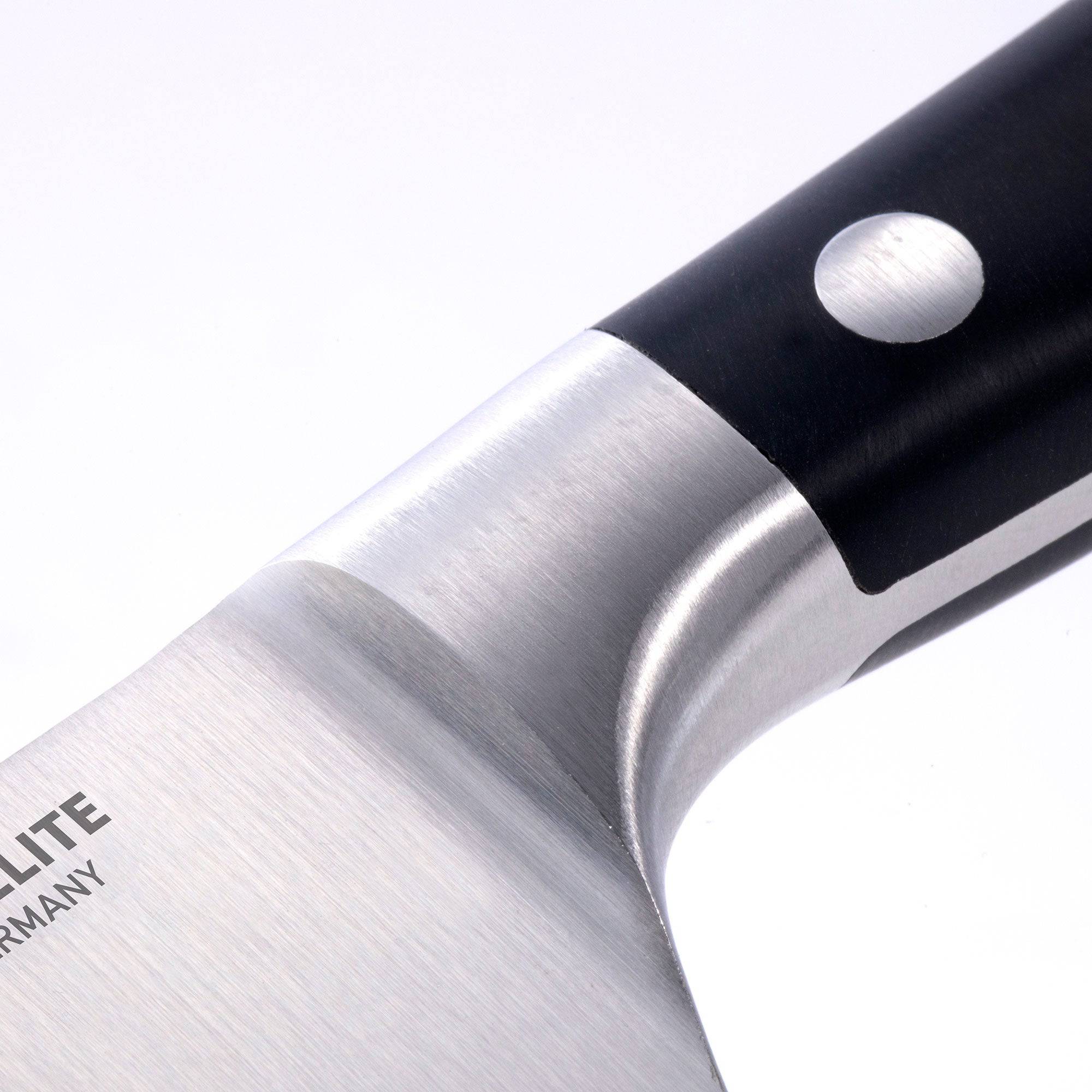 The Meridian Elite Chef's Knife 10 inch close up photo of bolster and heel