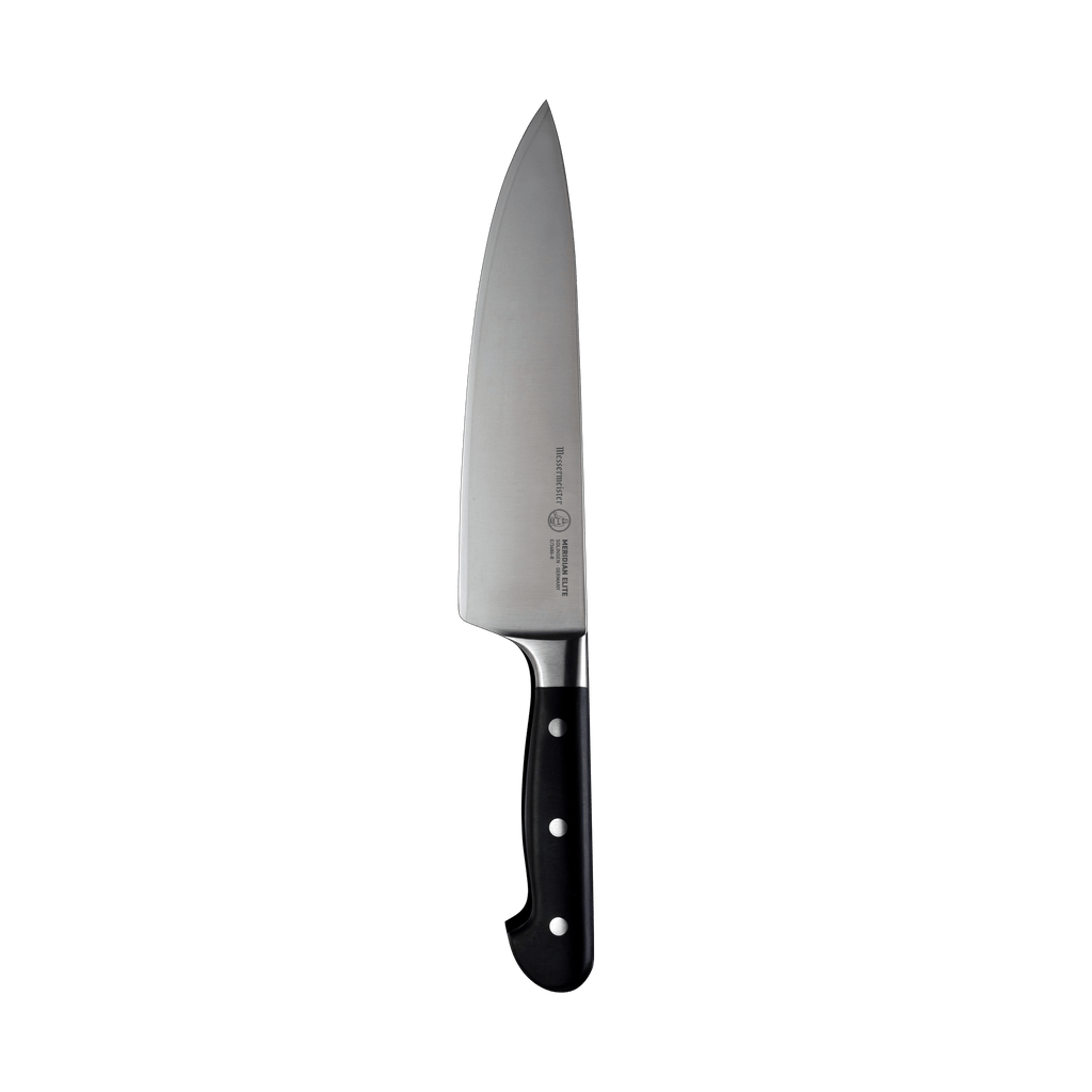 The Meridian Elite Chef's Knife - 8 inch chef's knife with a triple rivet black handle and silver stainless steel blade full knife photo pointing up
