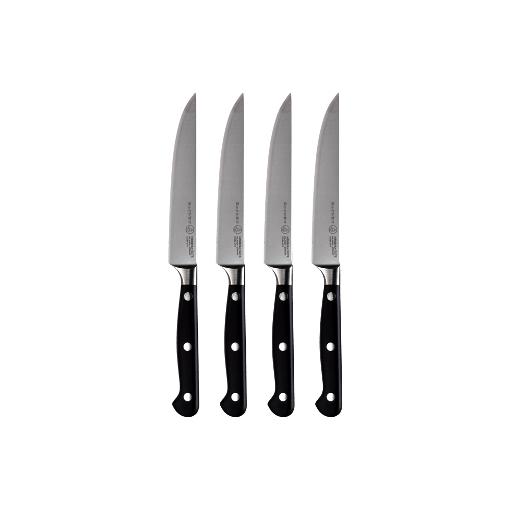 A set of four Meridian Elite fine edge steak knives with triple rivet black handles and stainless steel blades