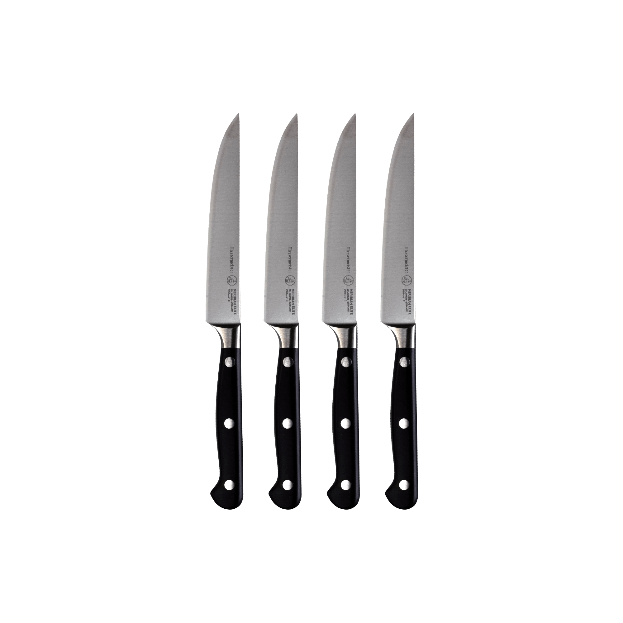 A set of four Meridian Elite fine edge steak knives with triple rivet black handles and stainless steel blades