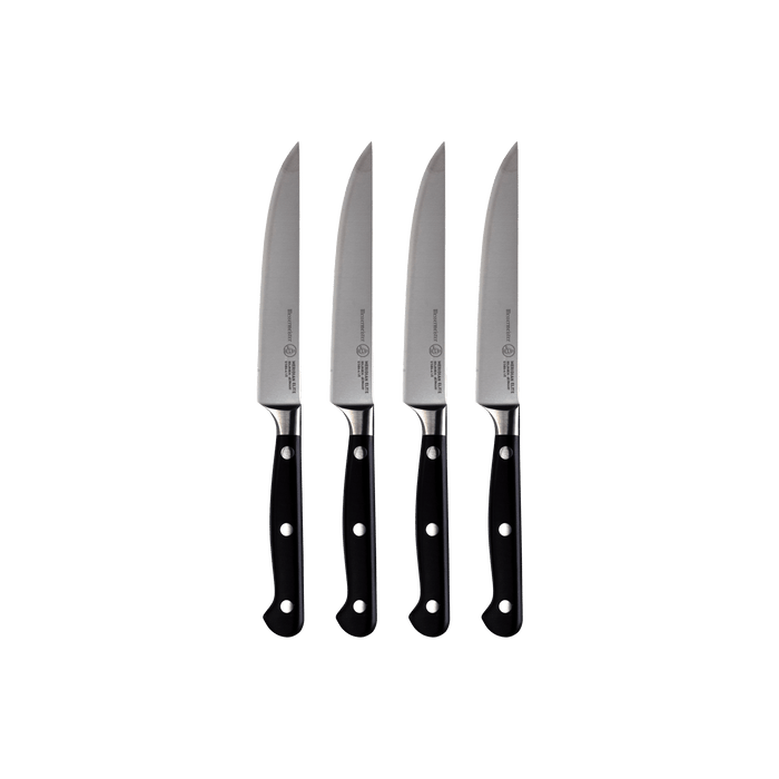 A set of four Meridian Elite fine edge steak knives with triple rivet black handles and stainless steel blades