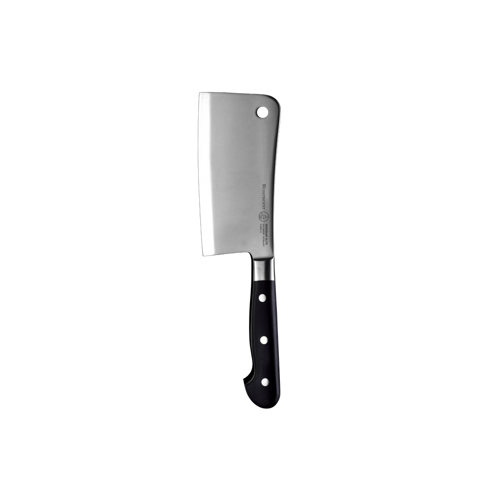 The Meridian Elite 6 inch heavy cleaver with triple rivet black handle and a silver stainless steel blade