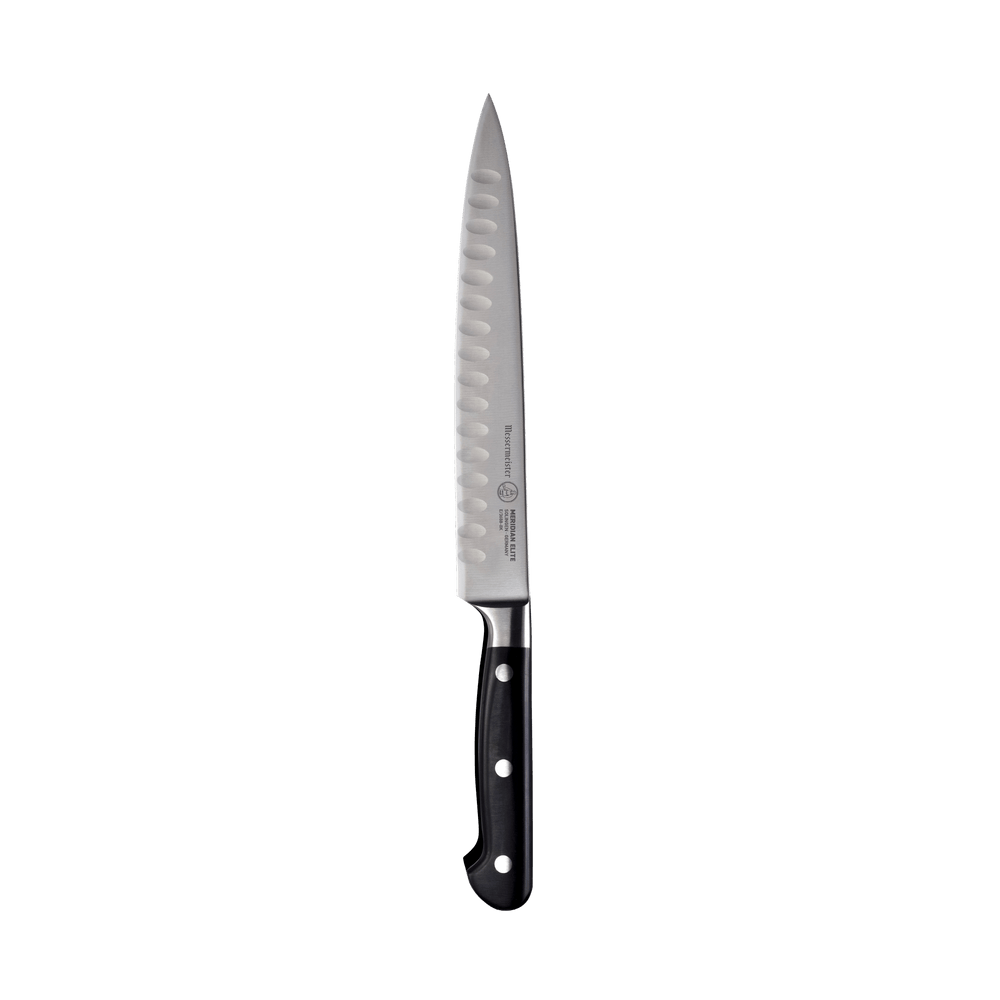 A 8 inch Meridian Elite Kullens carving knife with a narrow spearpoint, fine edge stainless steel blade with Kullens and triple rivet black handle