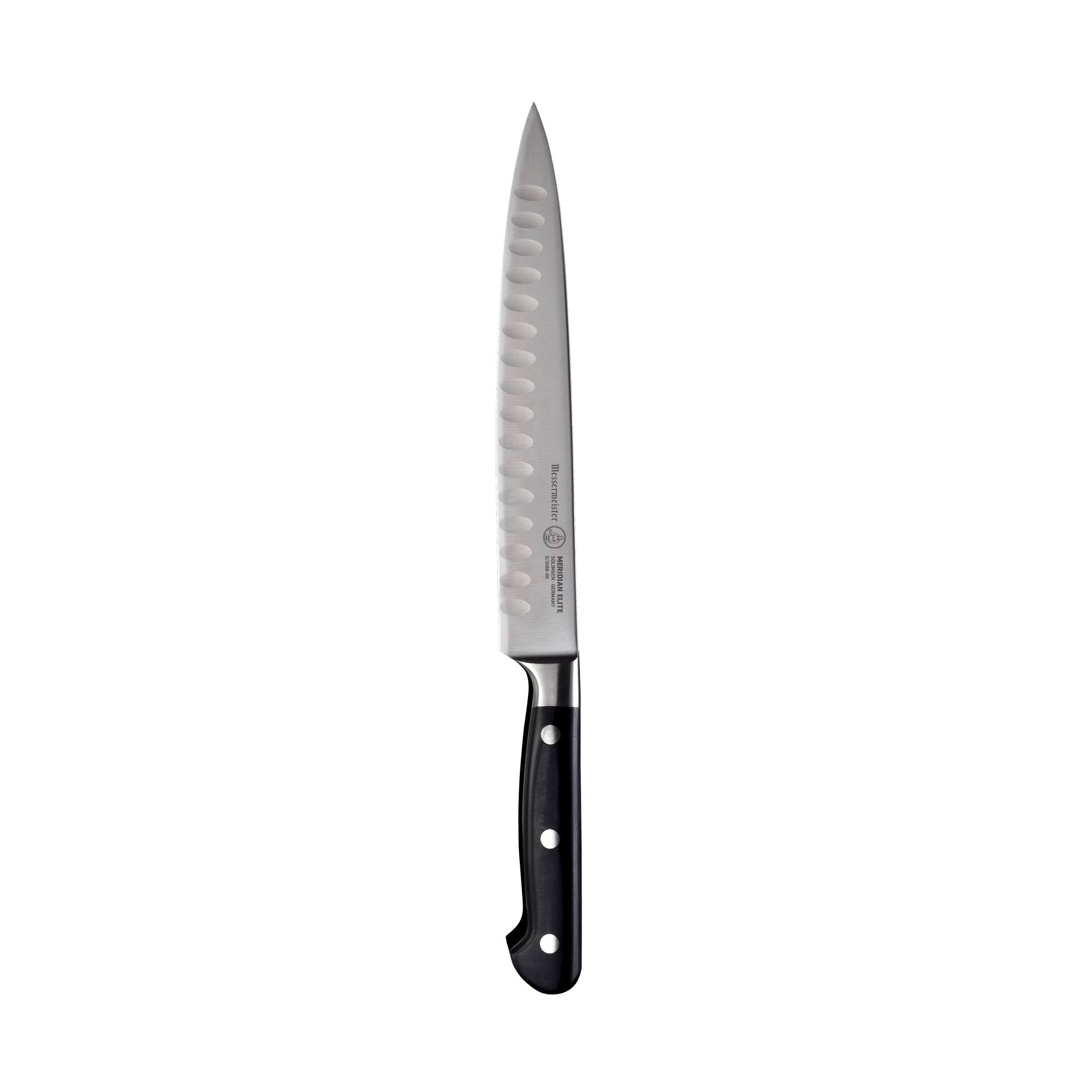 A 8 inch Meridian Elite Kullens carving knife with a narrow spearpoint, fine edge stainless steel blade with Kullens and triple rivet black handle
