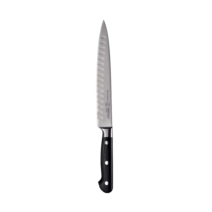 A 8 inch Meridian Elite Kullens carving knife with a narrow spearpoint, fine edge stainless steel blade with Kullens and triple rivet black handle