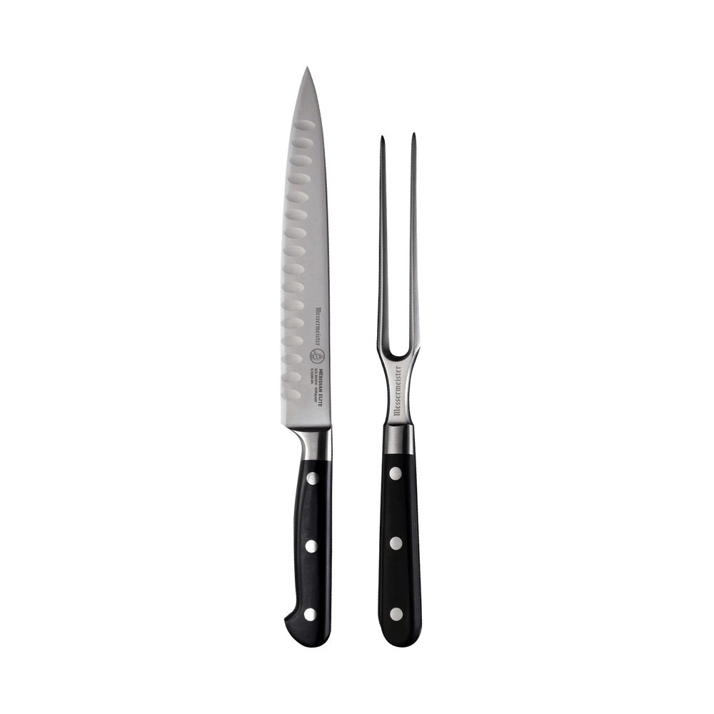 Messermeister Meridian Elite 2 Piece Kullens Carving Set with 8 inch steel Kullens blade and 2 prong steel fork both with triple rivet black handles