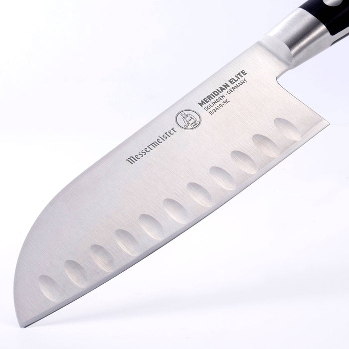 Messermeister Meridian Elite Kullens Santoku Knife - 5" full rounded blade with logo